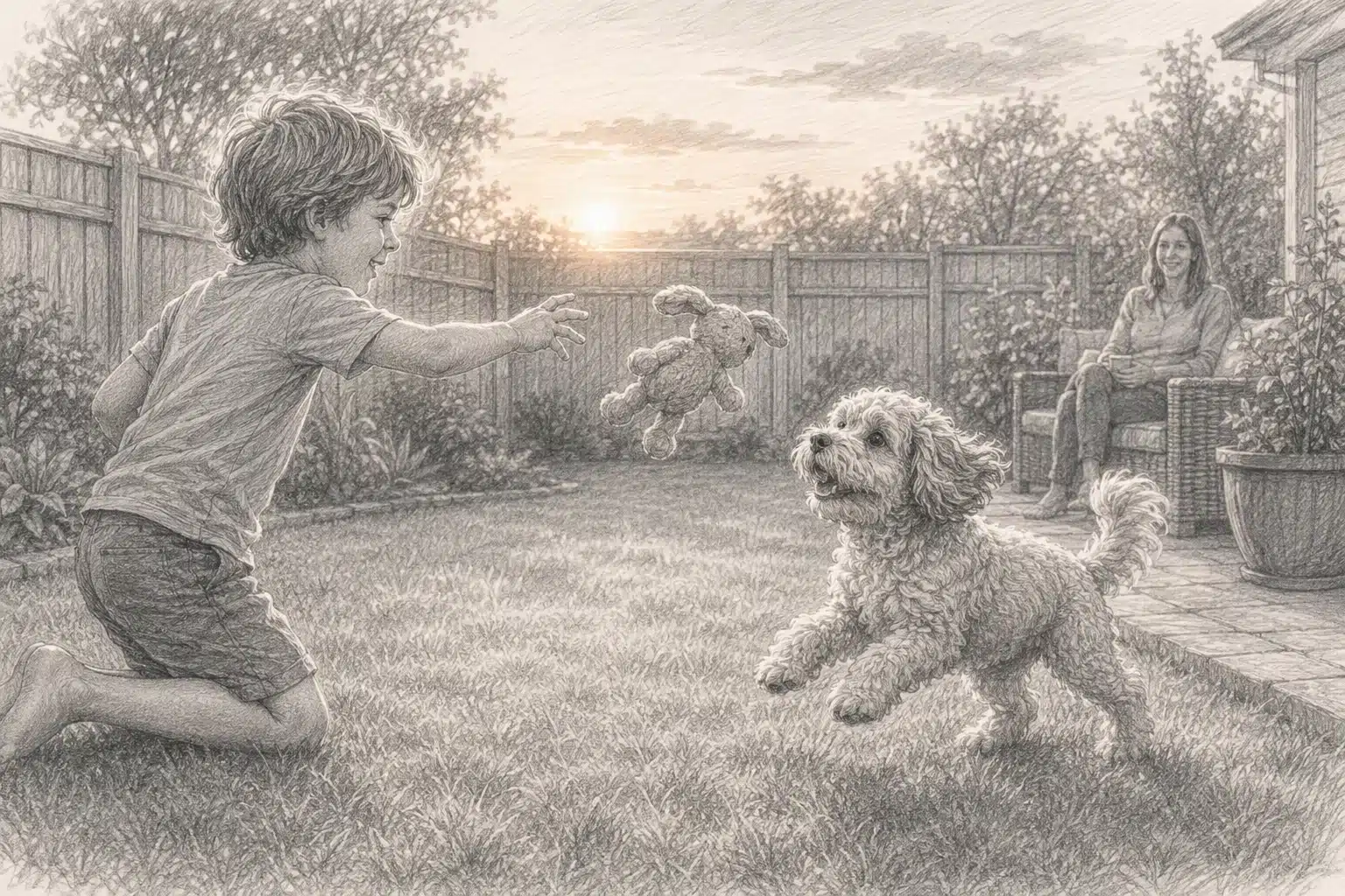 Child tossing toy to playful Cavapoo in backyard