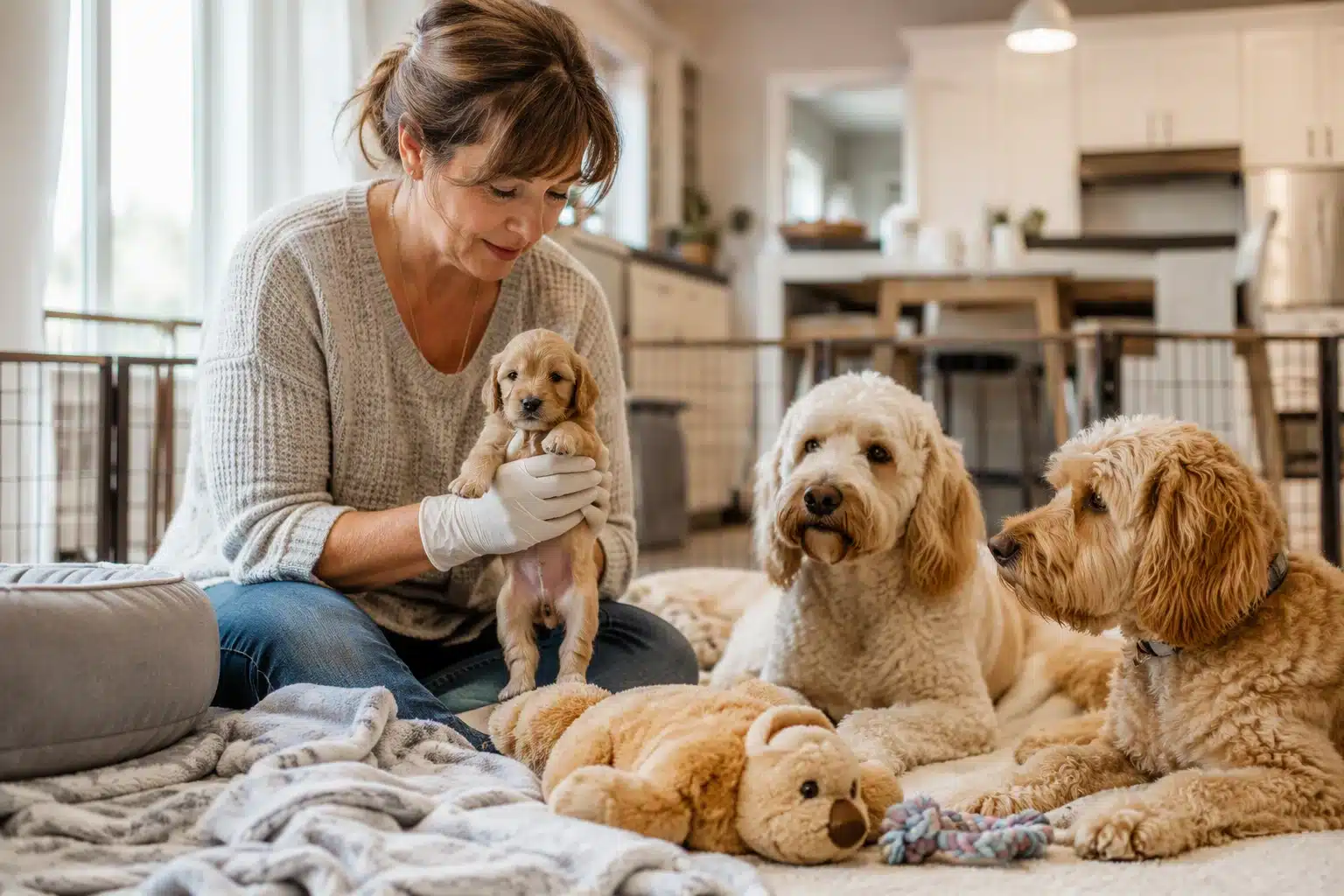 Breeder gently handling puppy with calm parent dogs