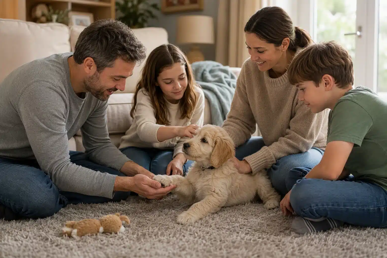 Family on living room floor with calm fluffy puppy