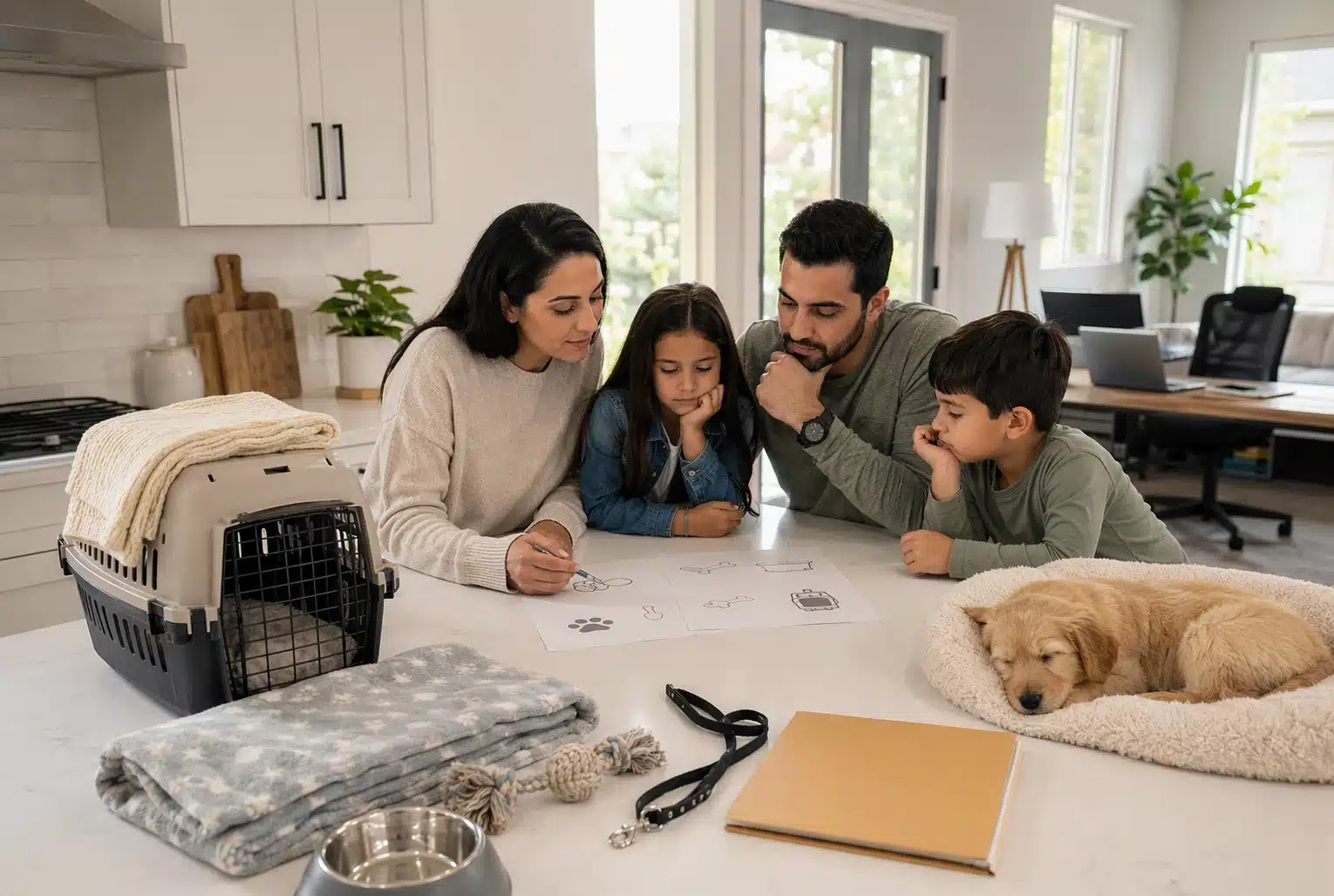 Family reviewing puppy care checklist at kitchen island