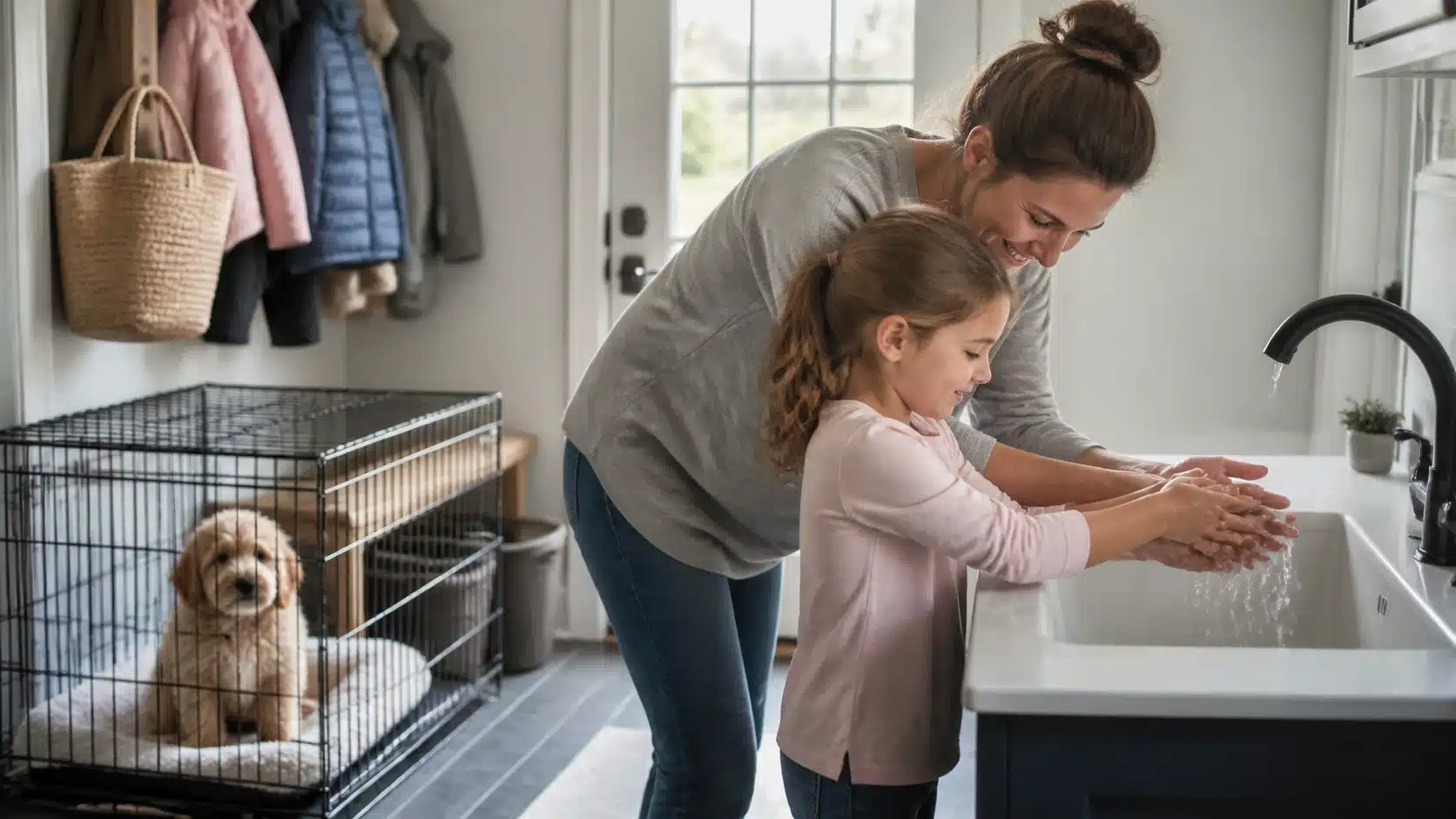 Parent helping child wash hands beside puppy crate