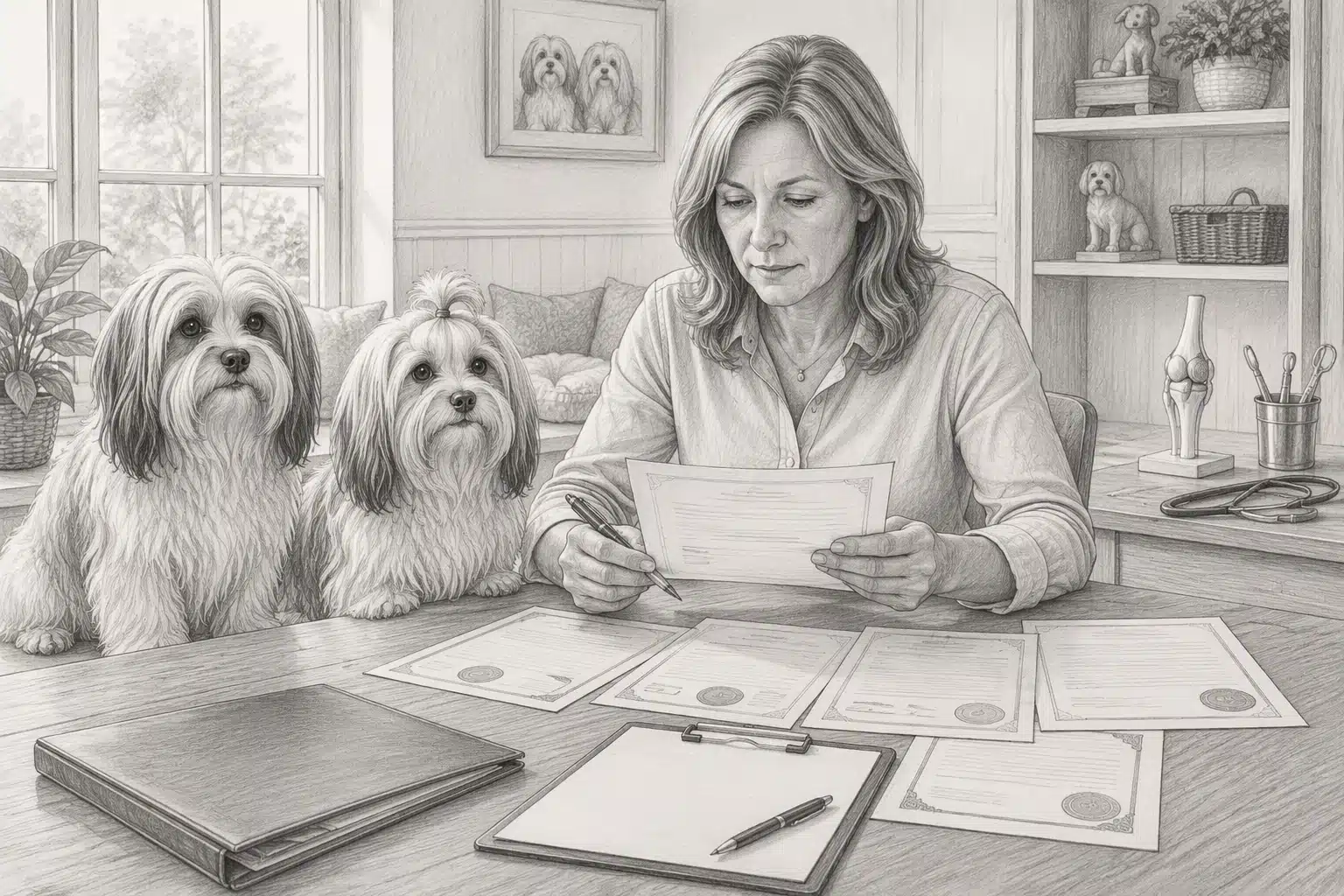 Breeder reviewing health certificates with Havanese parents