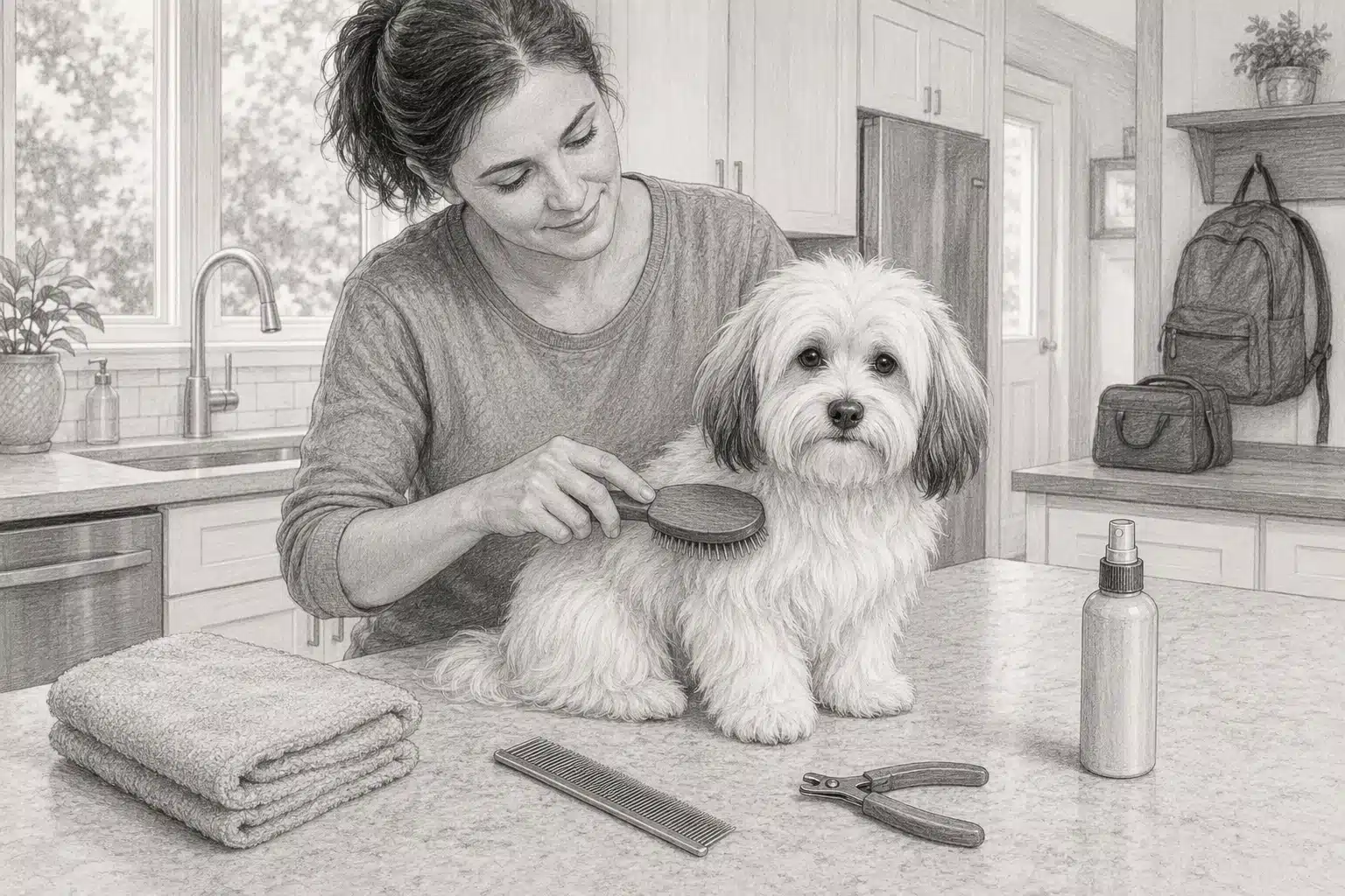 Parent brushing Havanese puppy on kitchen bench