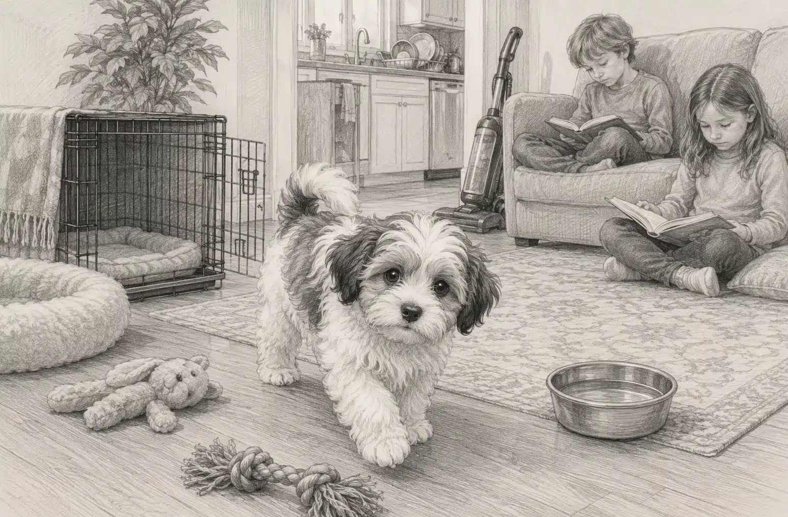 Young Havanese puppy exploring living room with children nearby