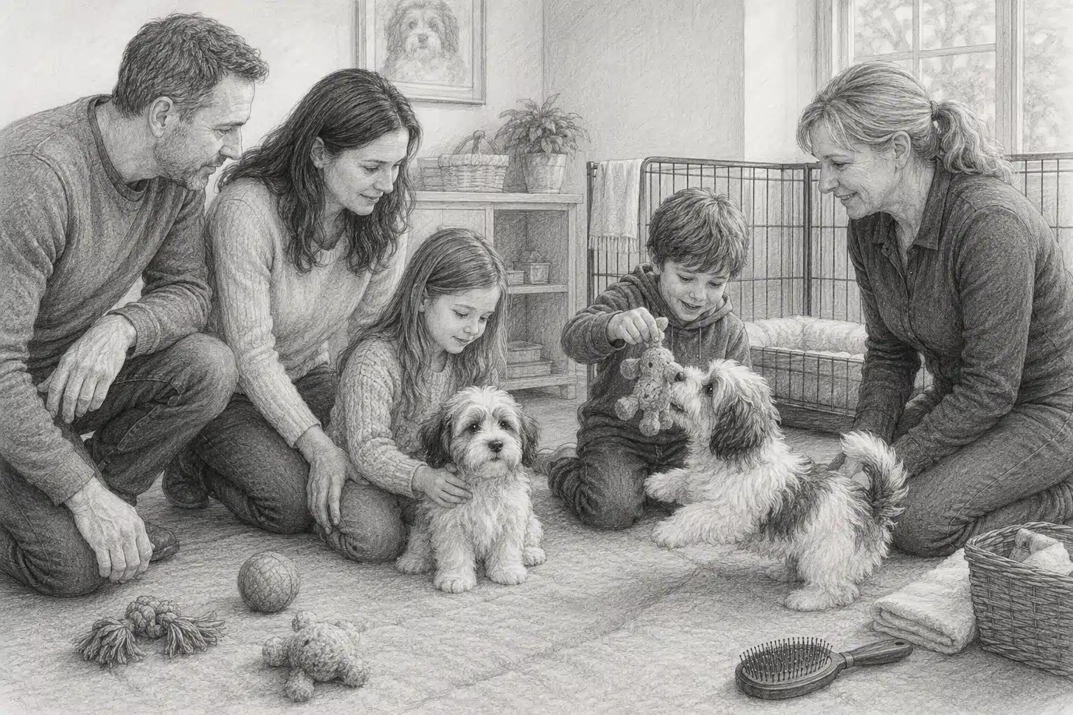 Family meeting two Havanese puppies in a playroom