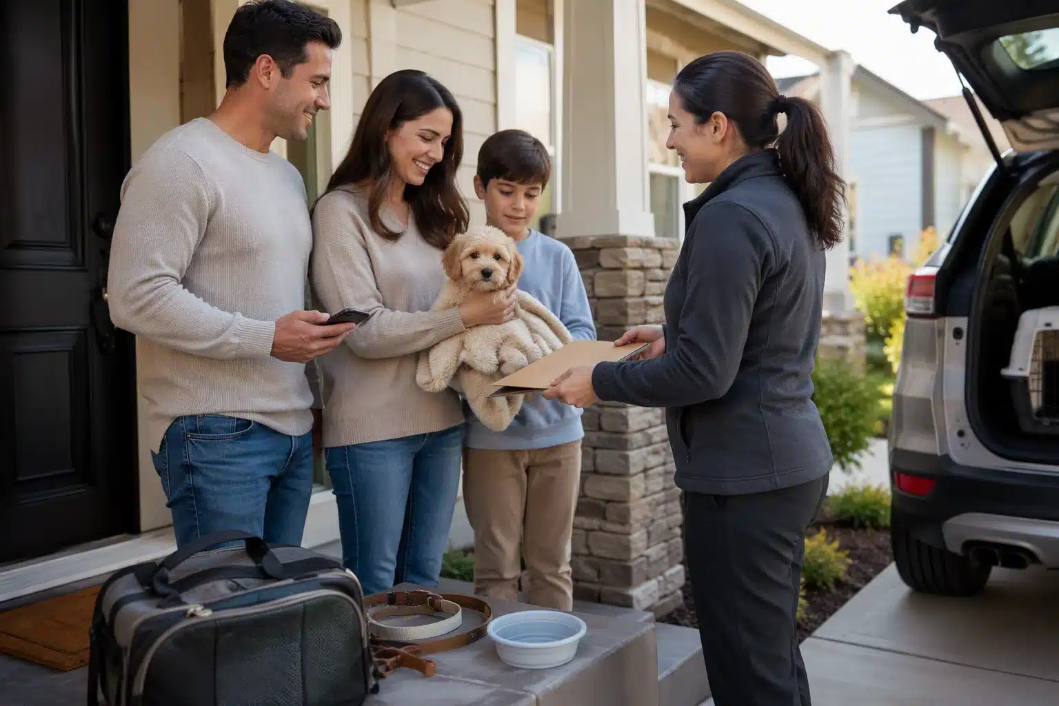Family receiving a small Havapoo puppy on porch