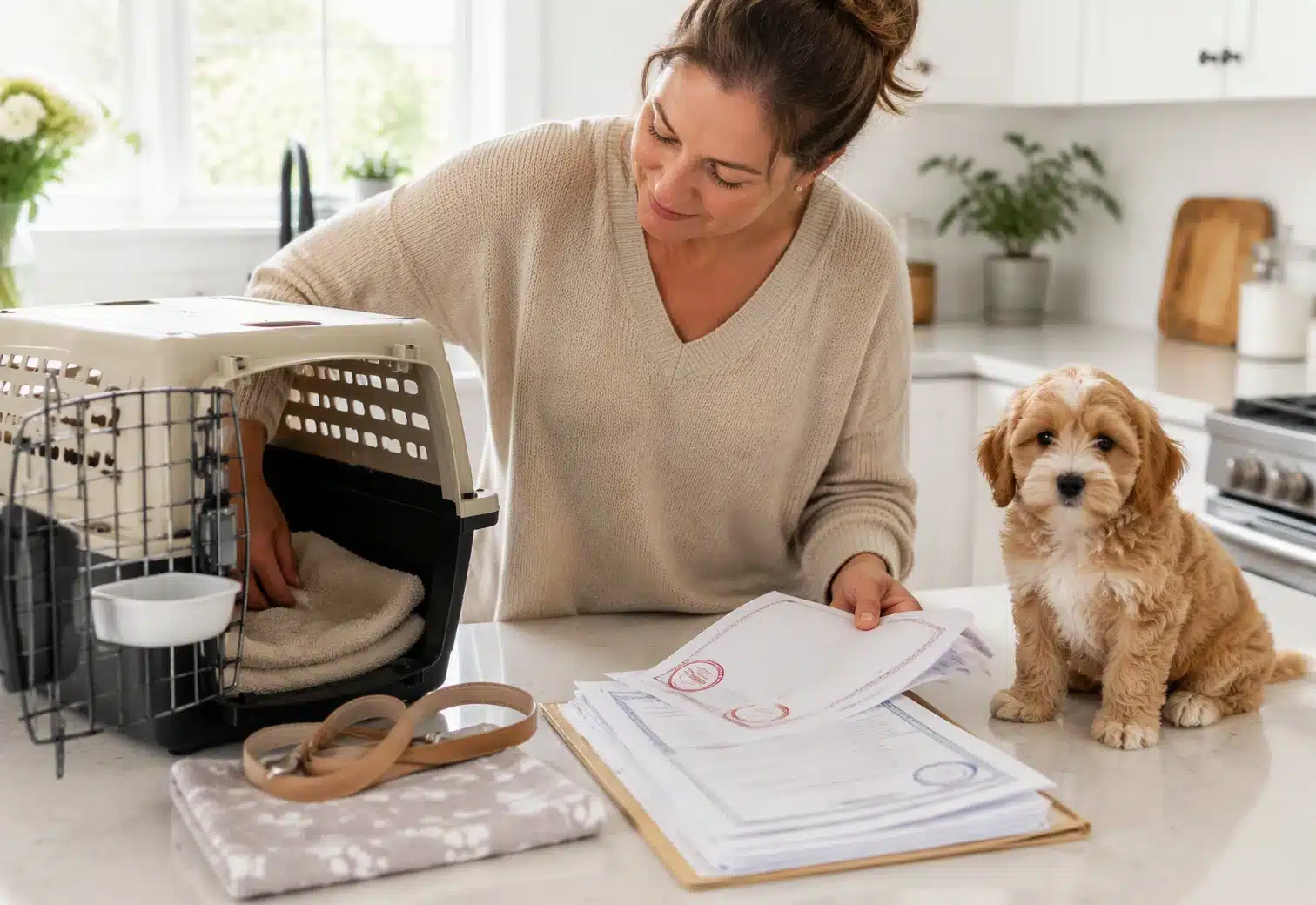 Breeder reviewing puppy crate and paperwork