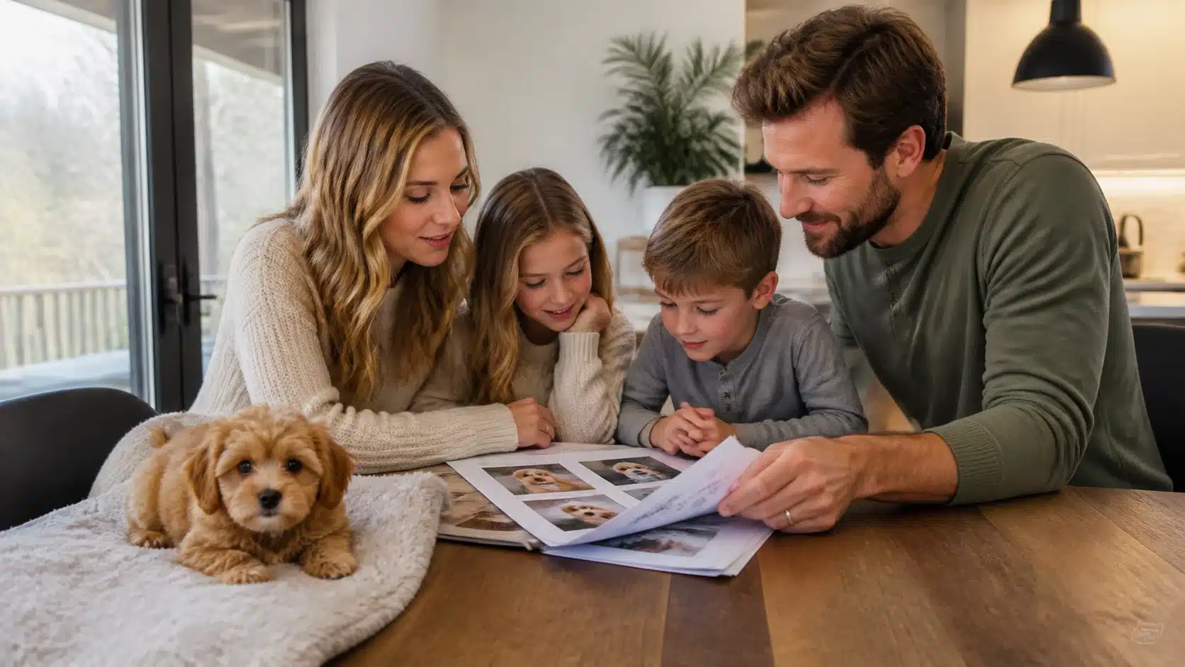 South Jordan family reviewing puppy pickup notes at dining table