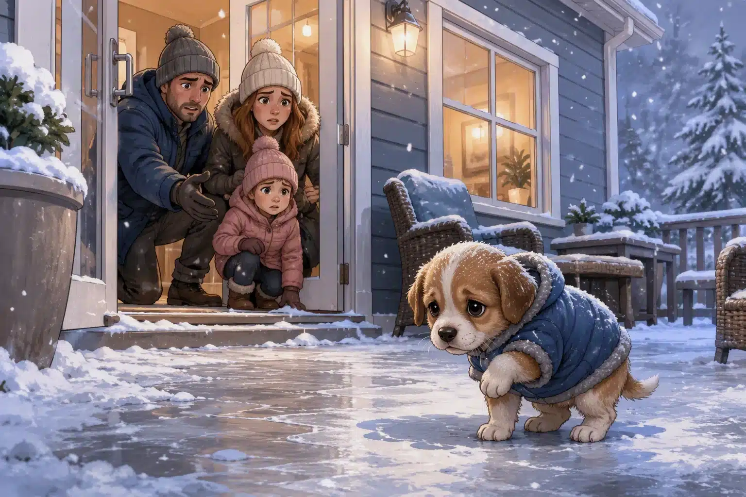 Small puppy on snowy patio with worried family