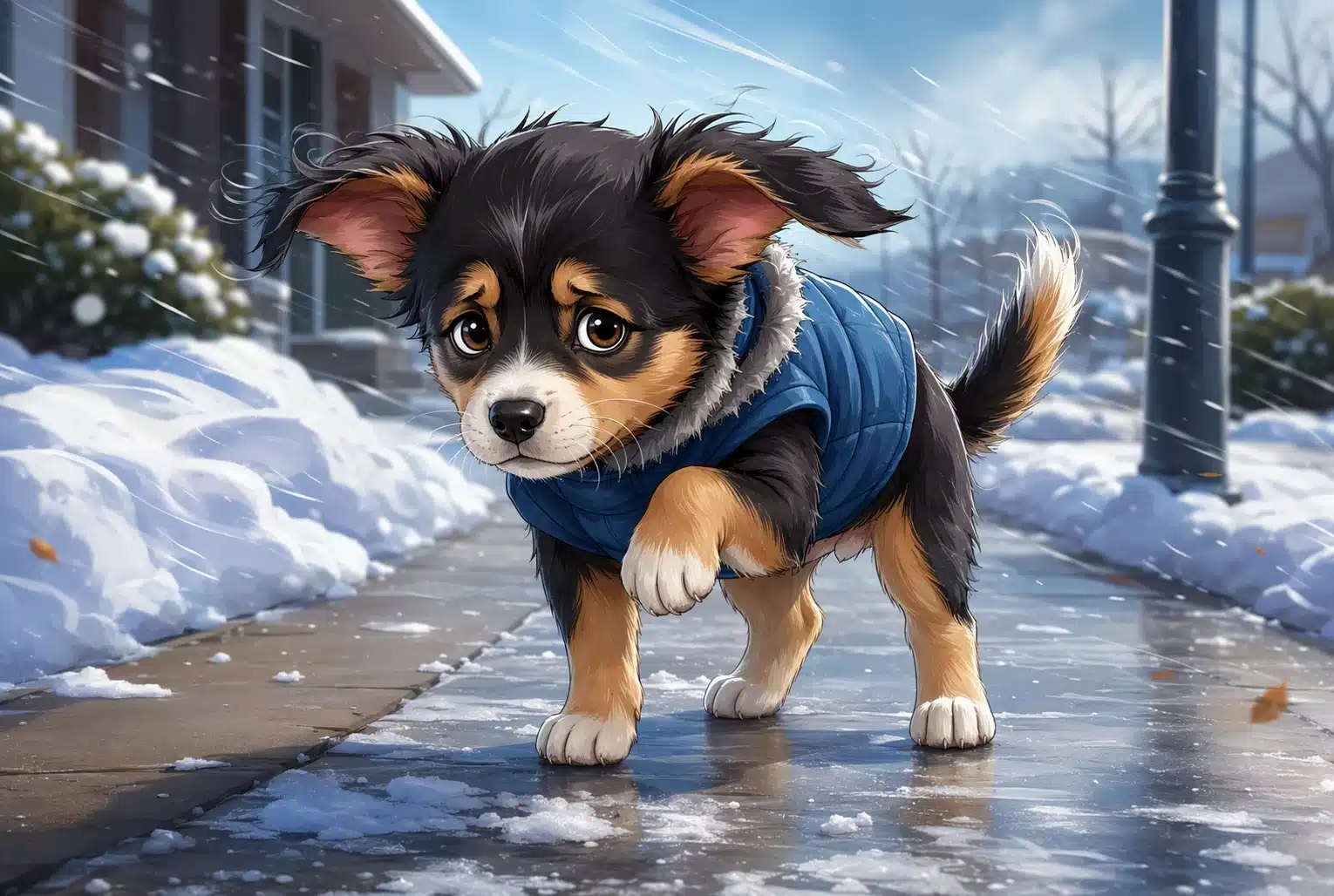 Puppy lifting paw on icy sidewalk during winter