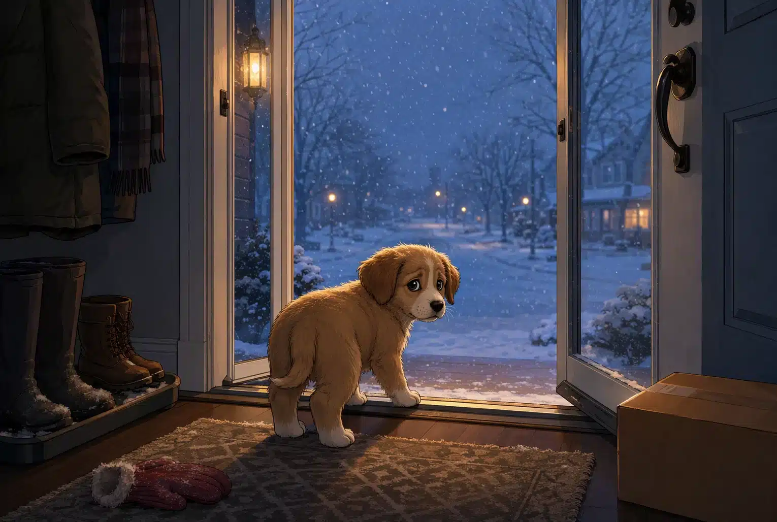 Puppy near open door in snowy dusk