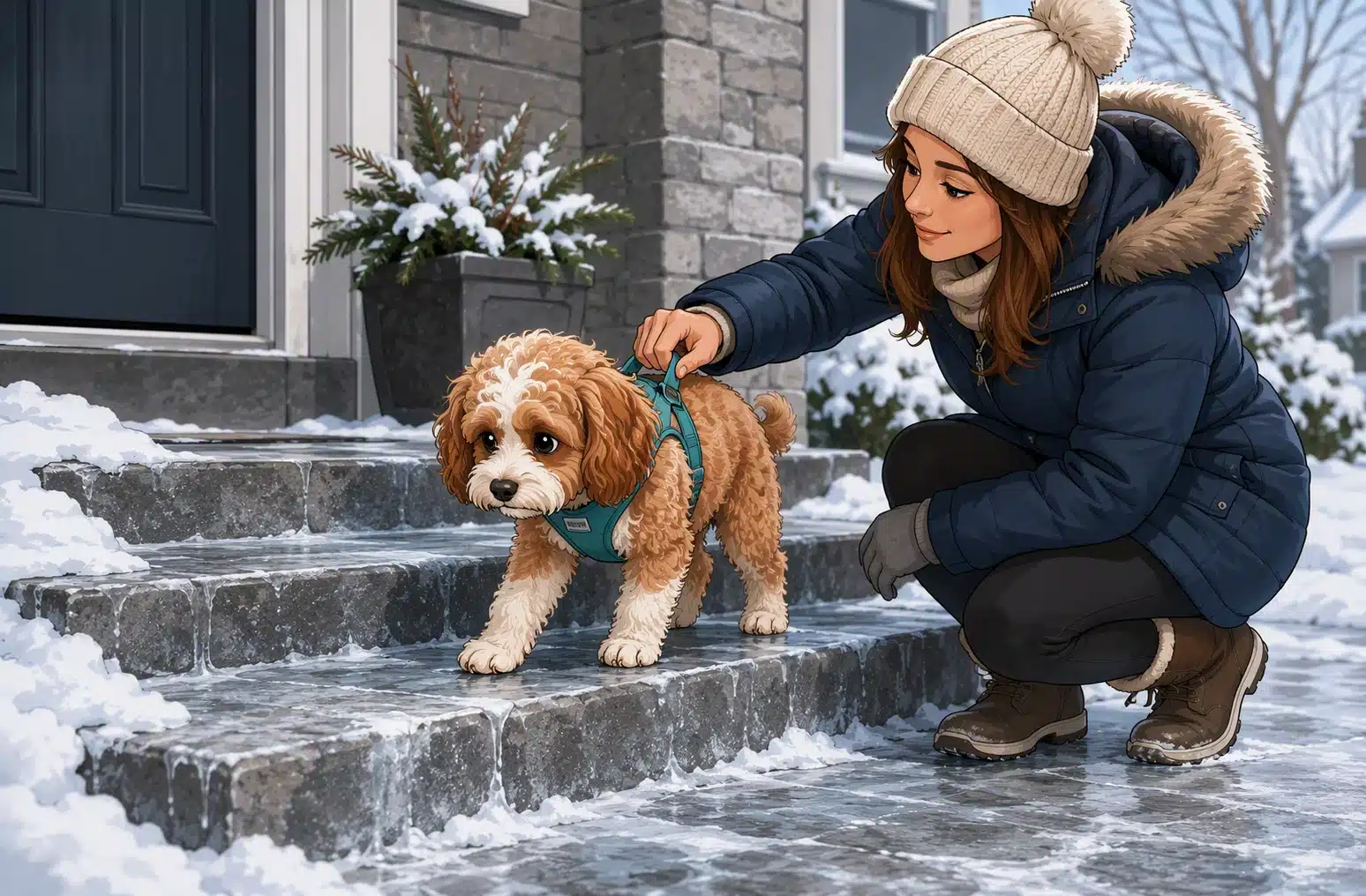 Small puppy hesitating on icy porch steps with parent steadying harness