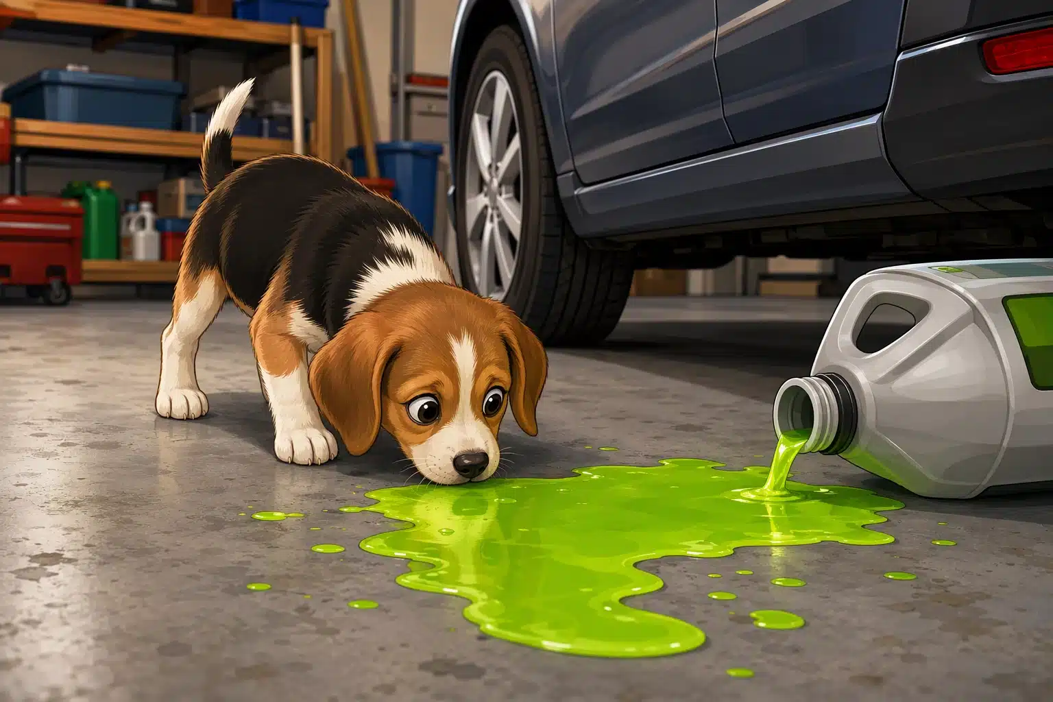 Small puppy sniffing antifreeze spill near car
