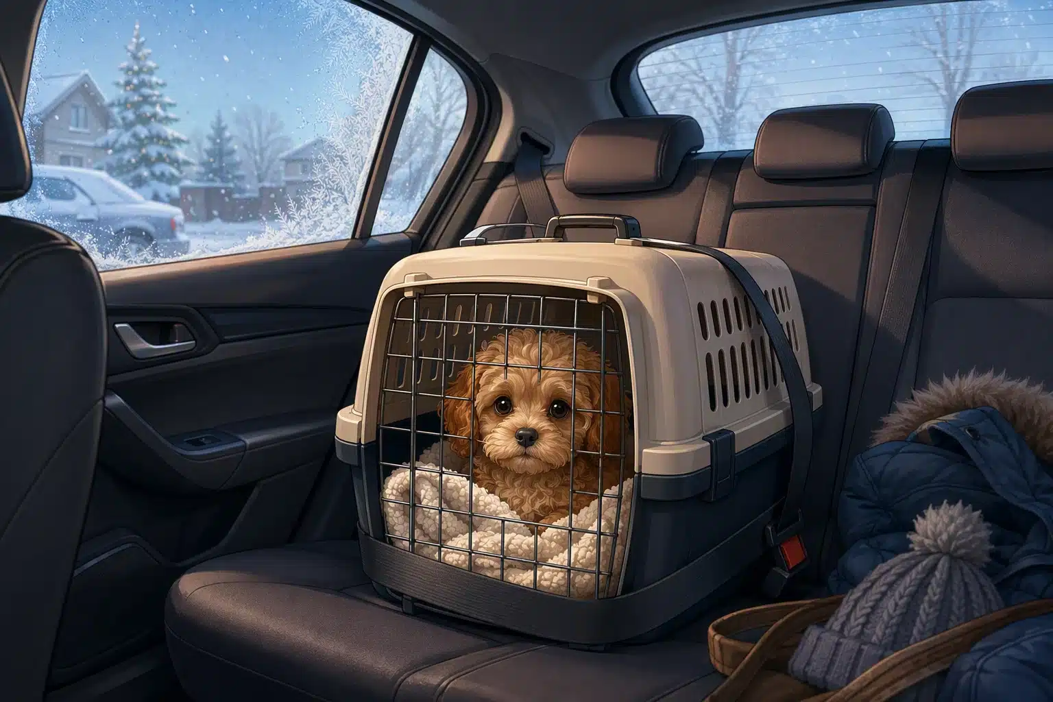 Puppy in secured carrier inside snowy car