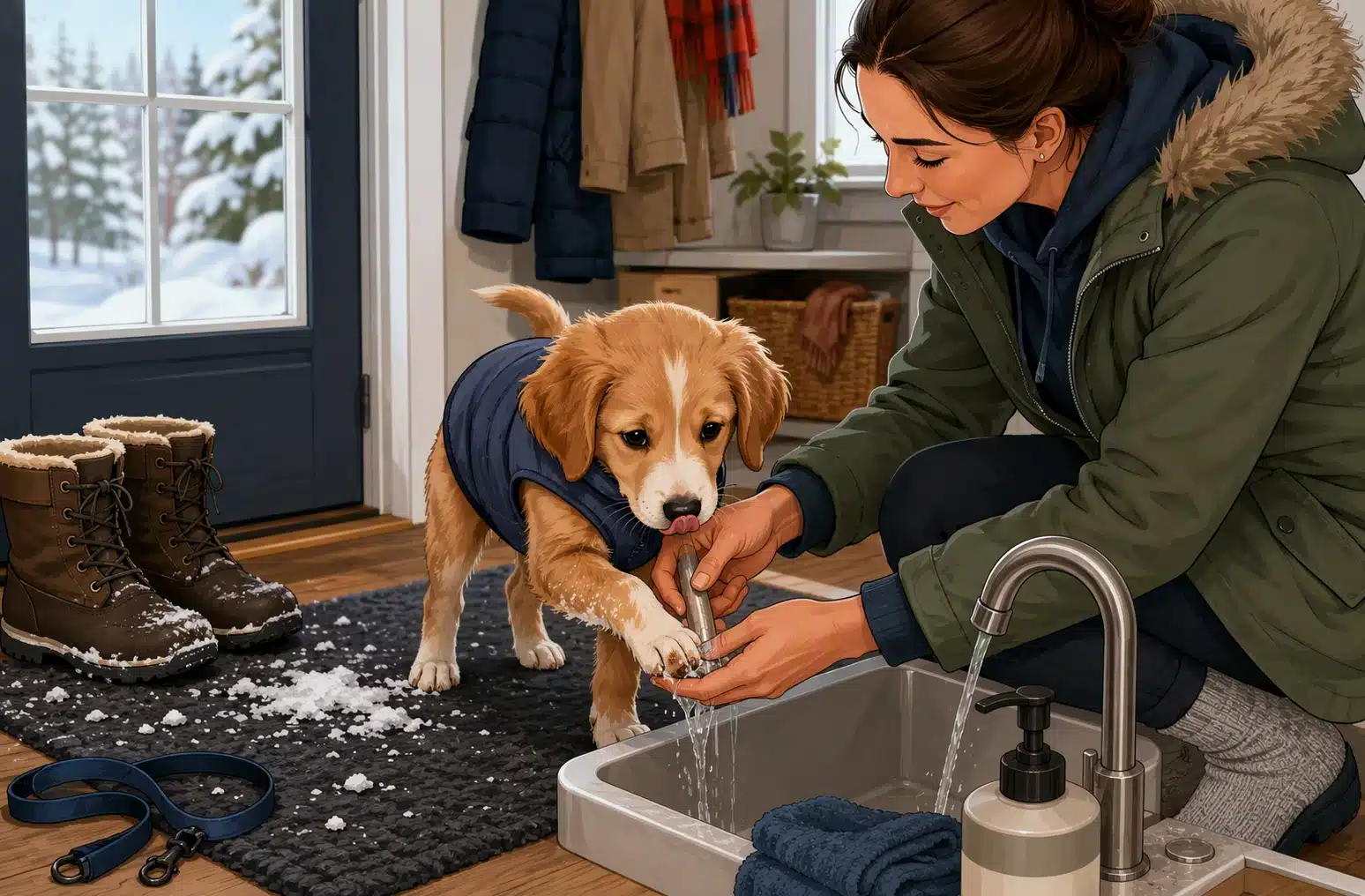 Puppy at entry rug with parent rinsing paws