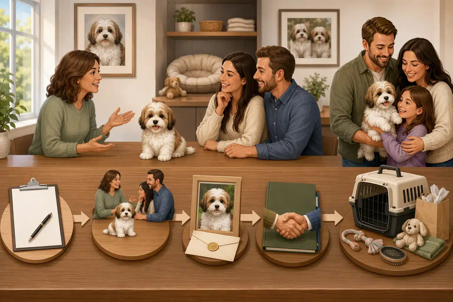 Flowchart of puppy adoption process with a breeder and family