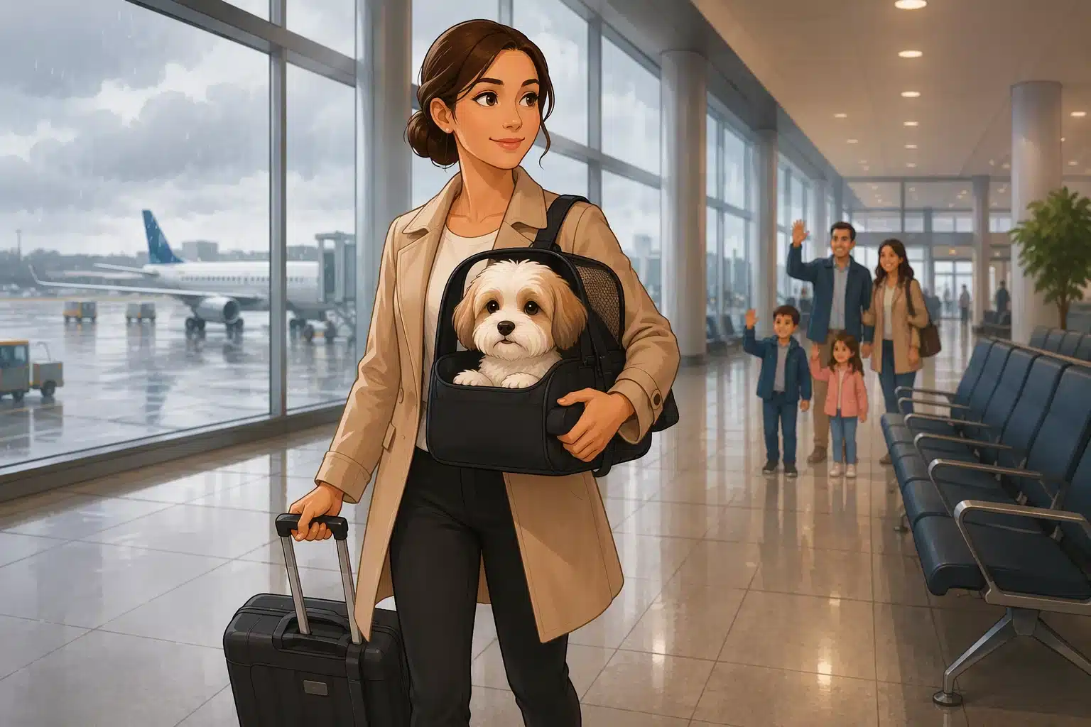 Flight nanny carrying Havanese puppy in airport