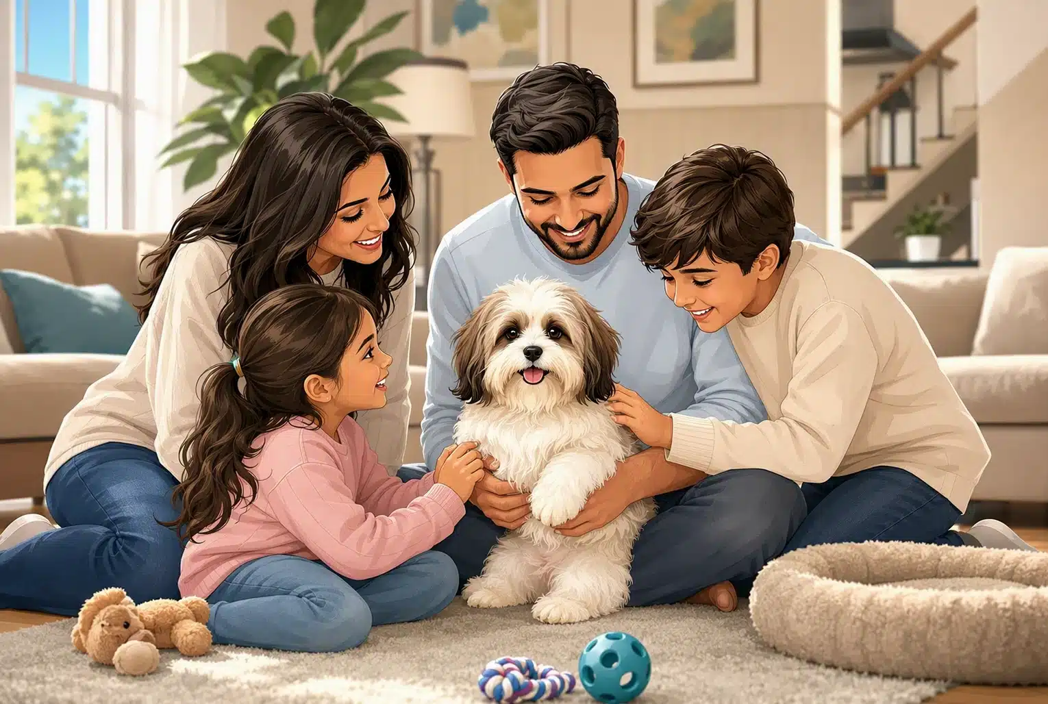 Family holding fluffy Havanese puppy indoors