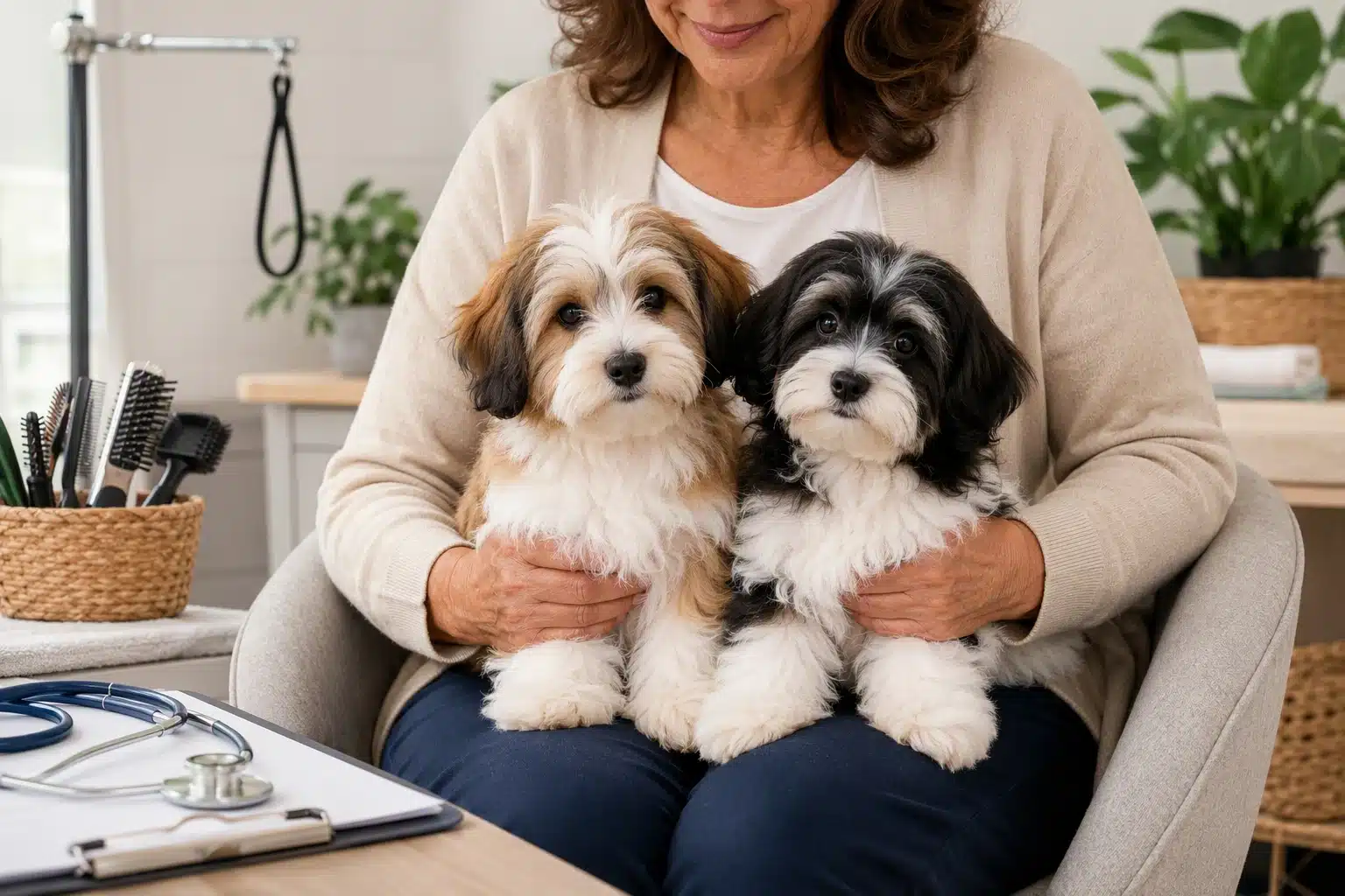Groomed Havanese puppies during health evaluation