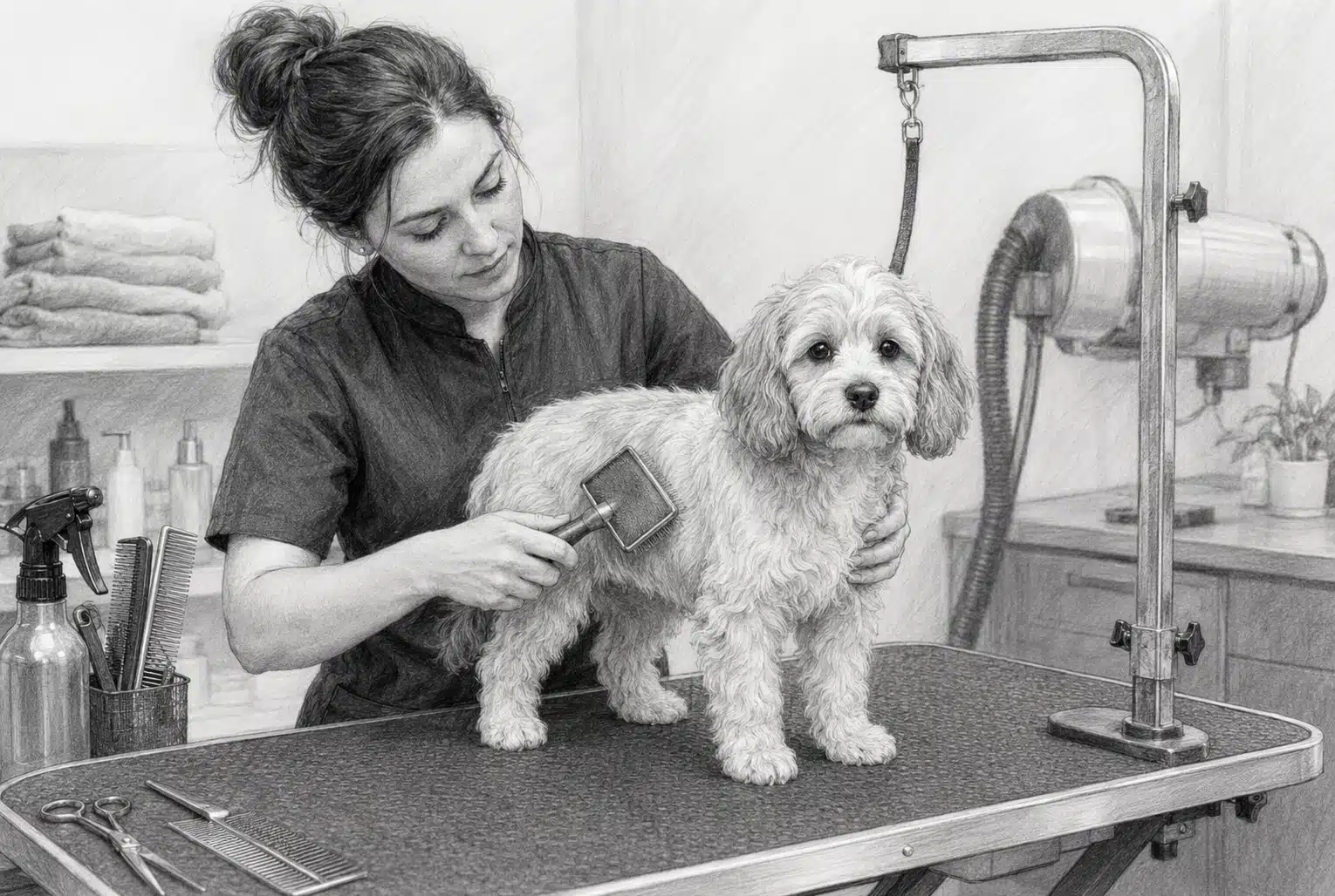 Groomer brushing small wavy-coated puppy