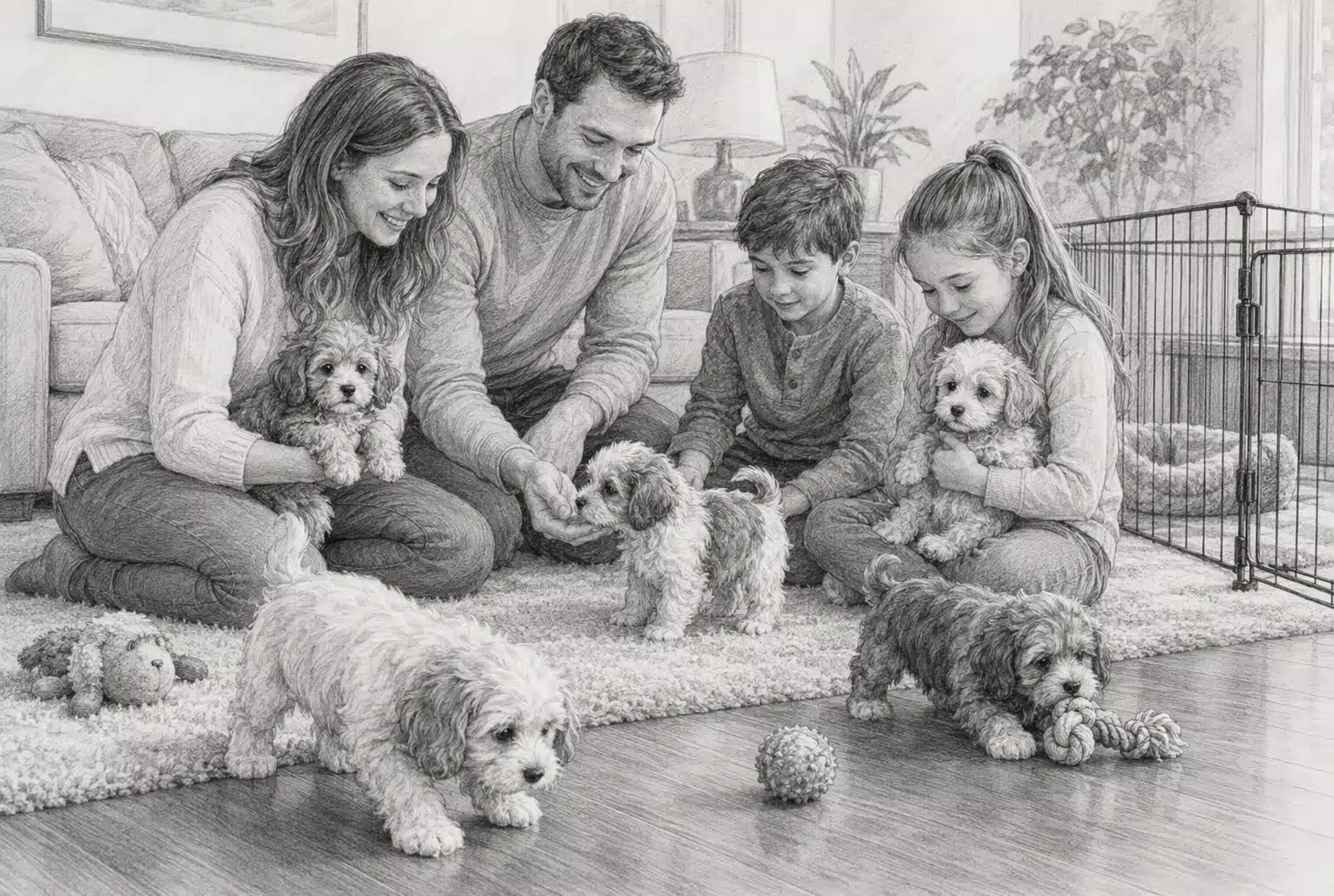 Family gently handling curious small puppies on living room floor