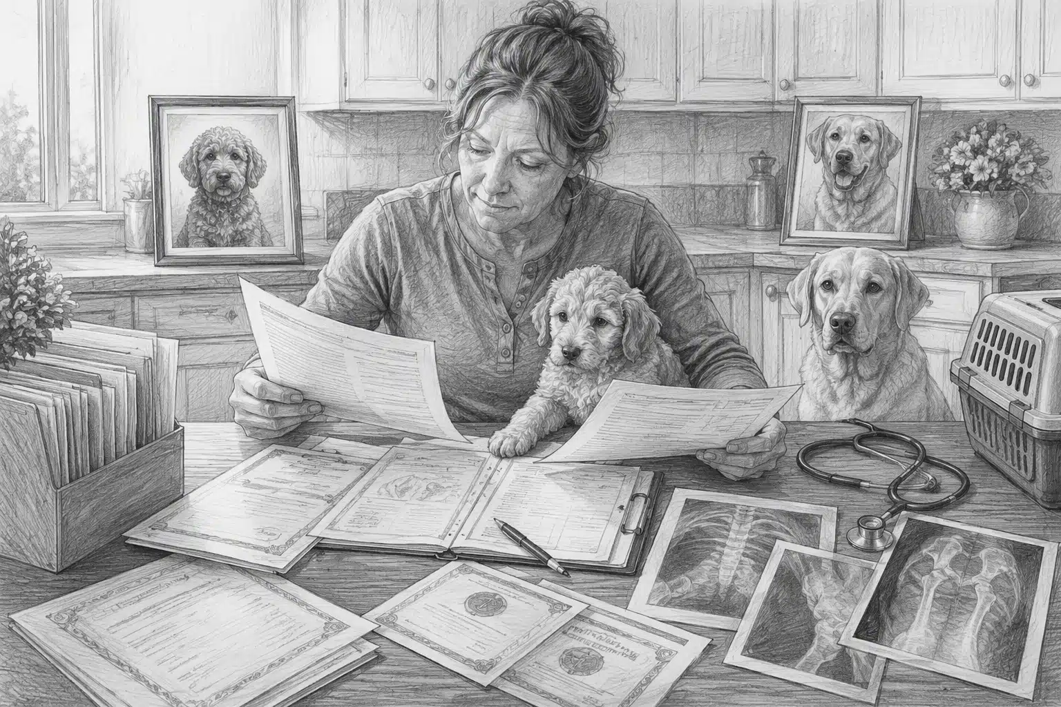 Breeder reviewing puppy health records at kitchen table