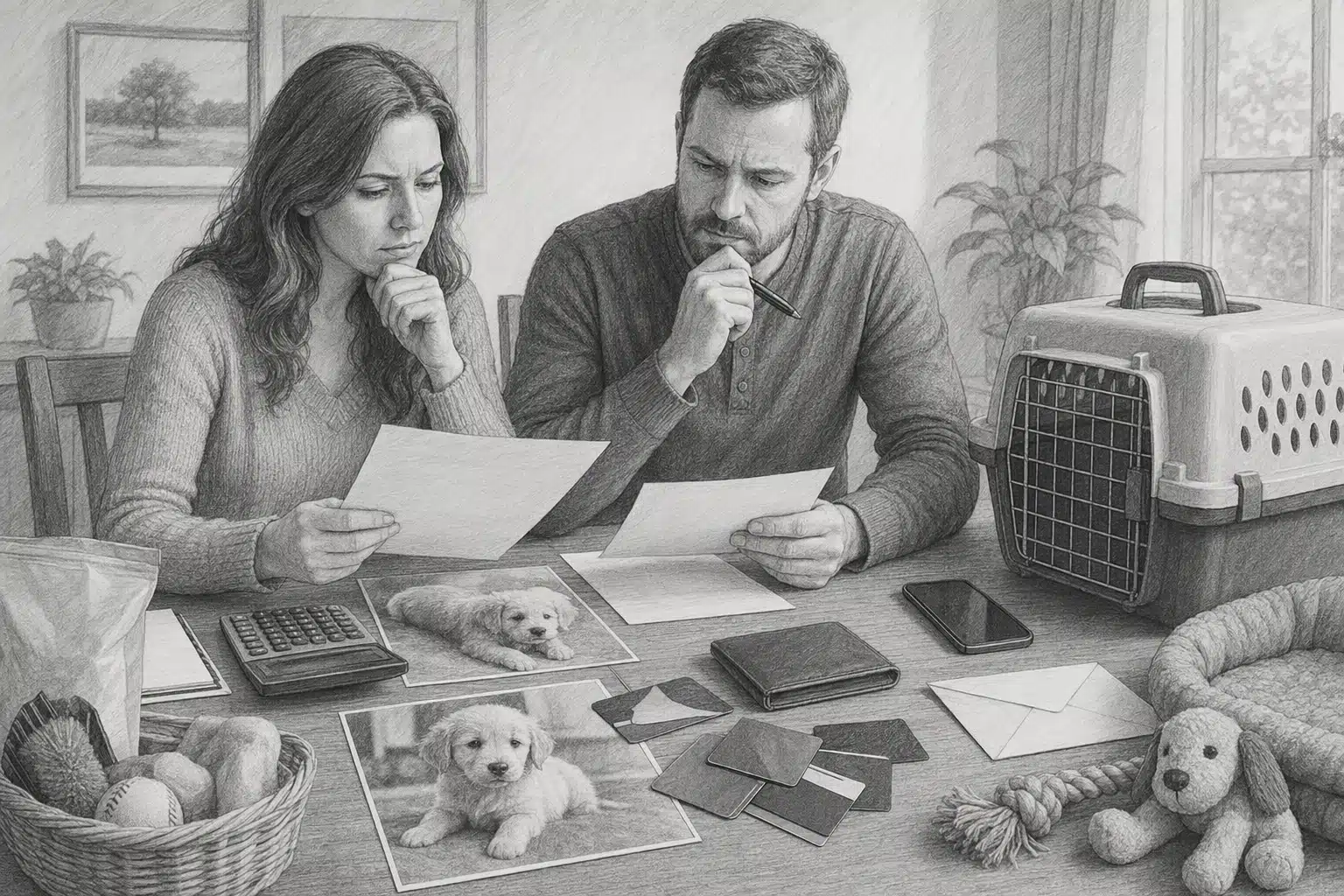 Parents reviewing puppy payment details at dining table