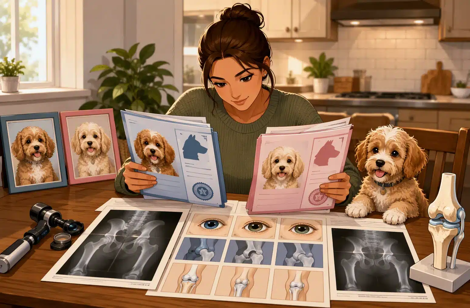 Puppy buyer reviews health certificates at kitchen table