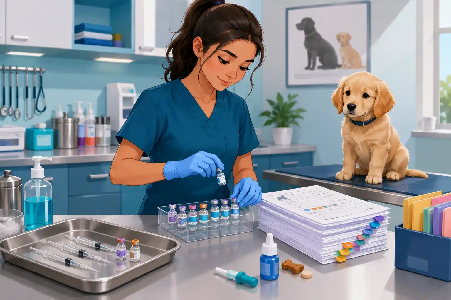 Vet technician organizing puppy vaccine vials and health records