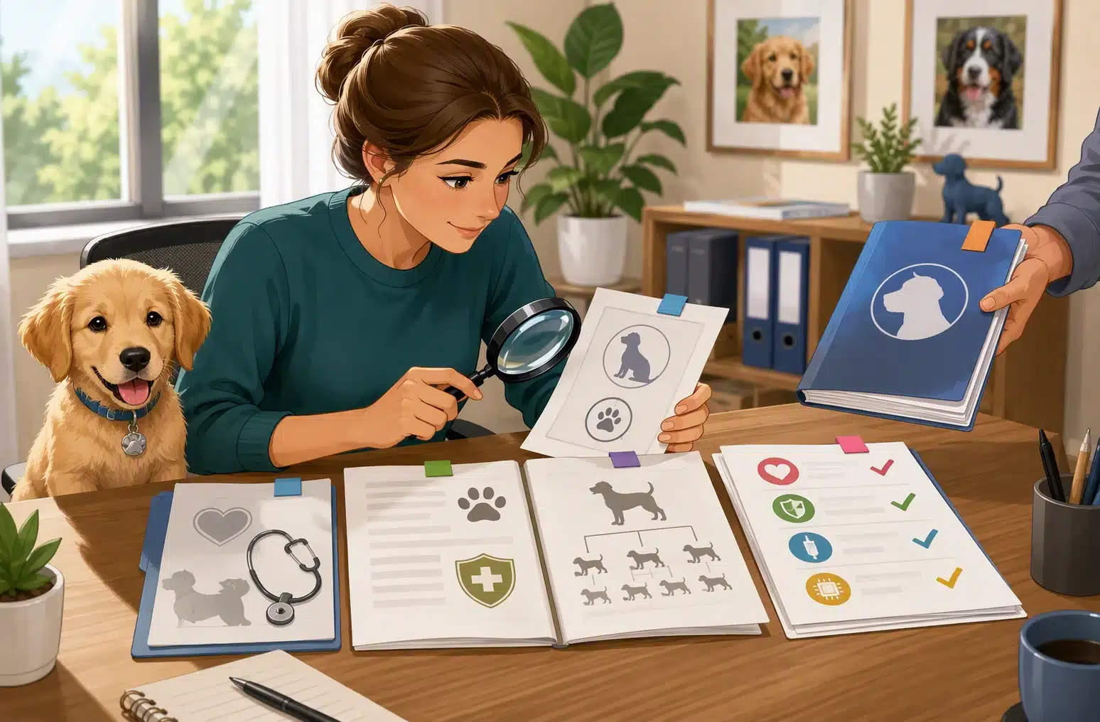Buyer comparing puppy health records and OFA printouts