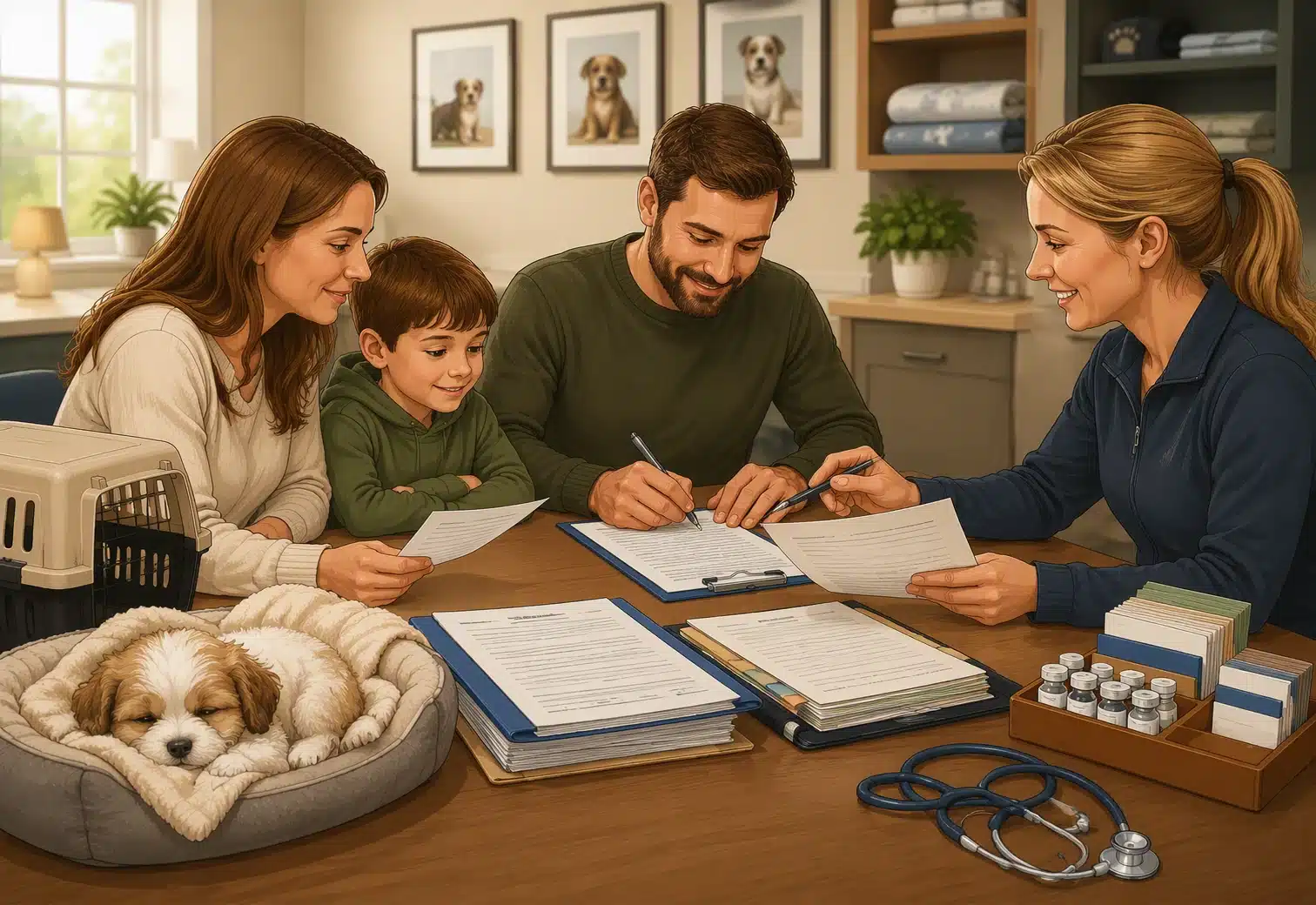 Family signing puppy purchase agreement near sleeping small breed puppy