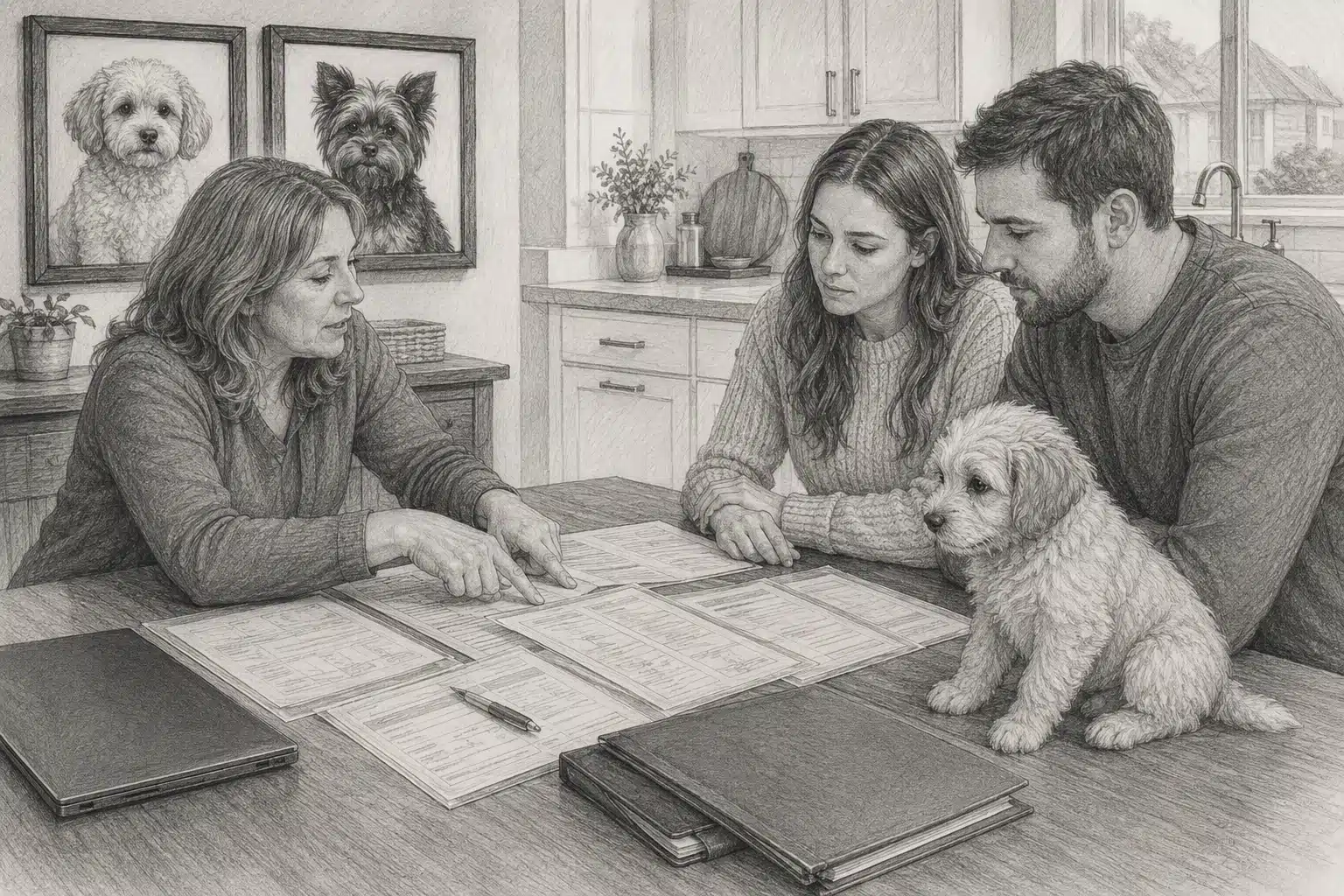 Breeder reviewing health certificates at kitchen table