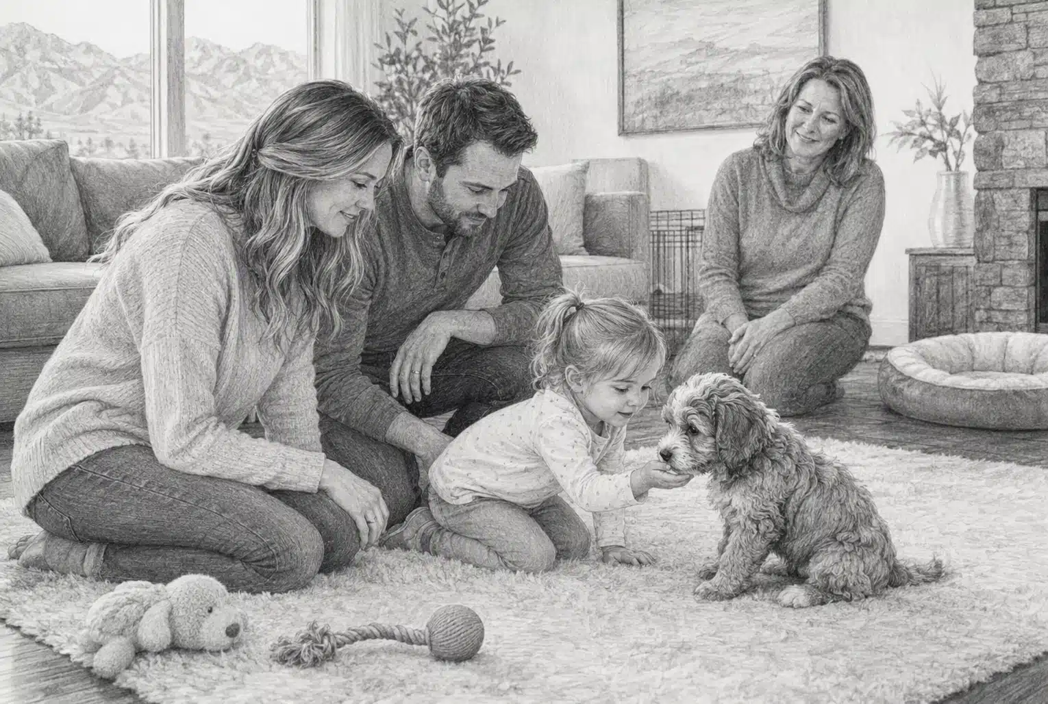 Family meeting calm puppy on cozy rug