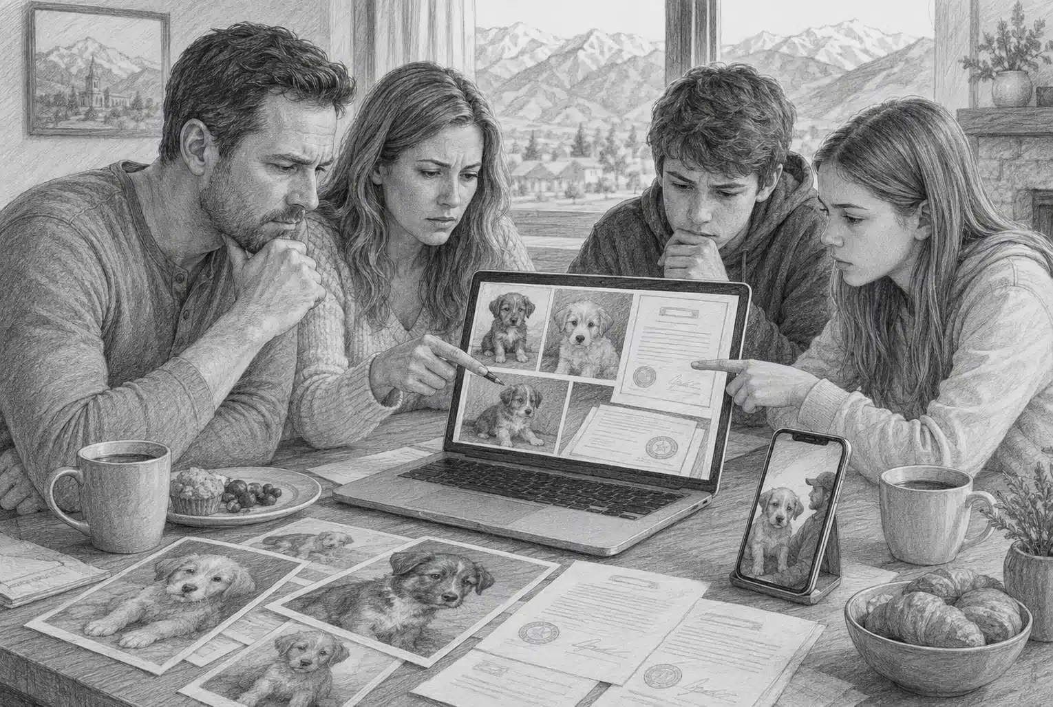 Family reviewing puppy listing photos and health documents at breakfast table