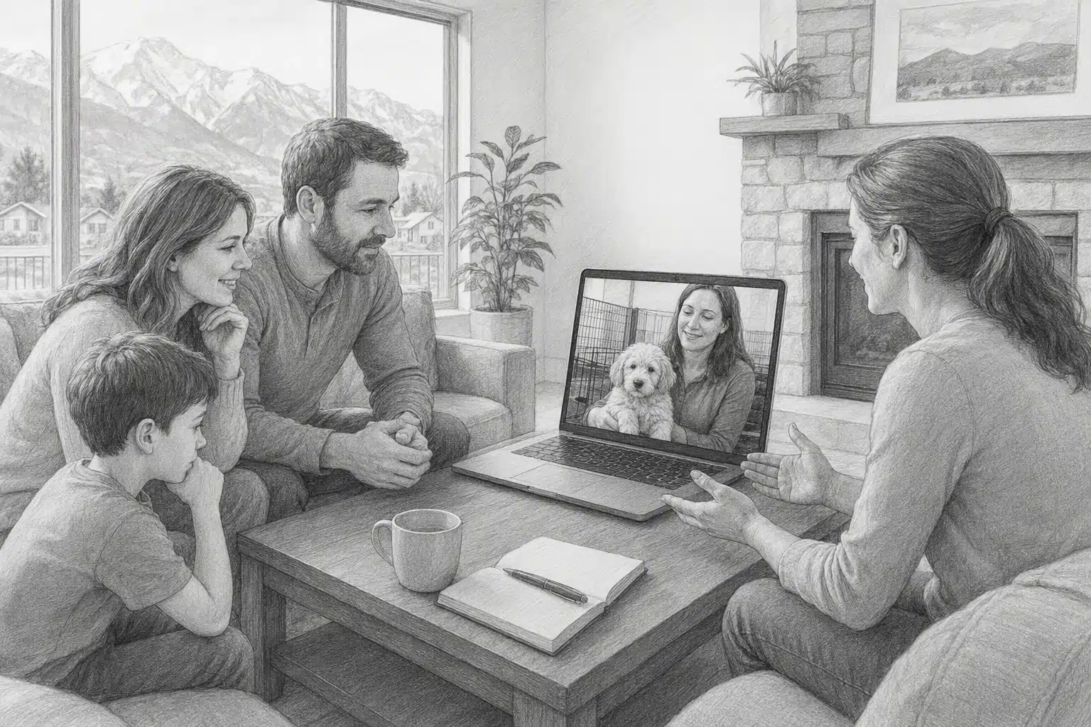 Utah family on video call with breeder discussing puppy temperament
