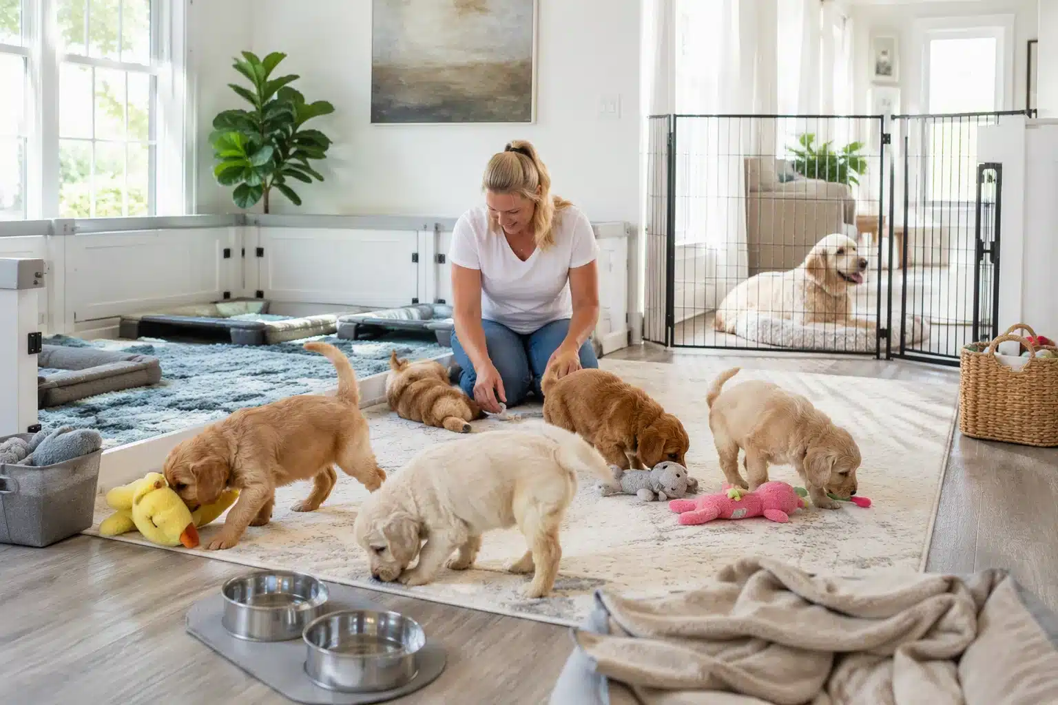 Bright nursery with playful puppies and breeder nearby
