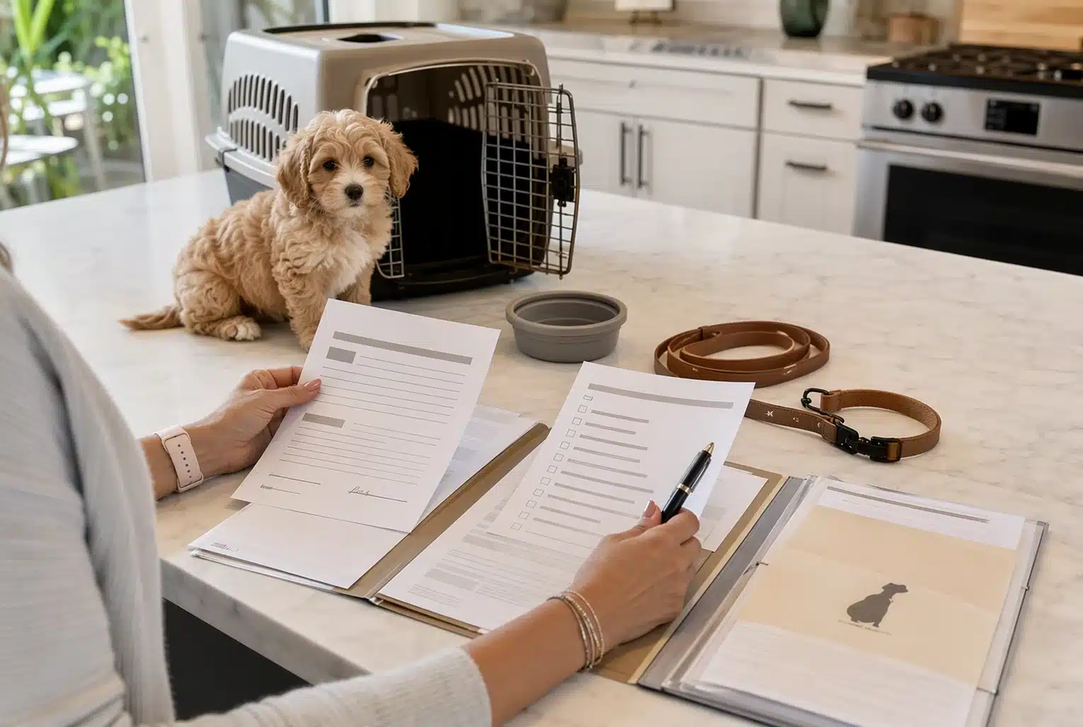 Buyer reviewing puppy contract and travel checklist on kitchen counter