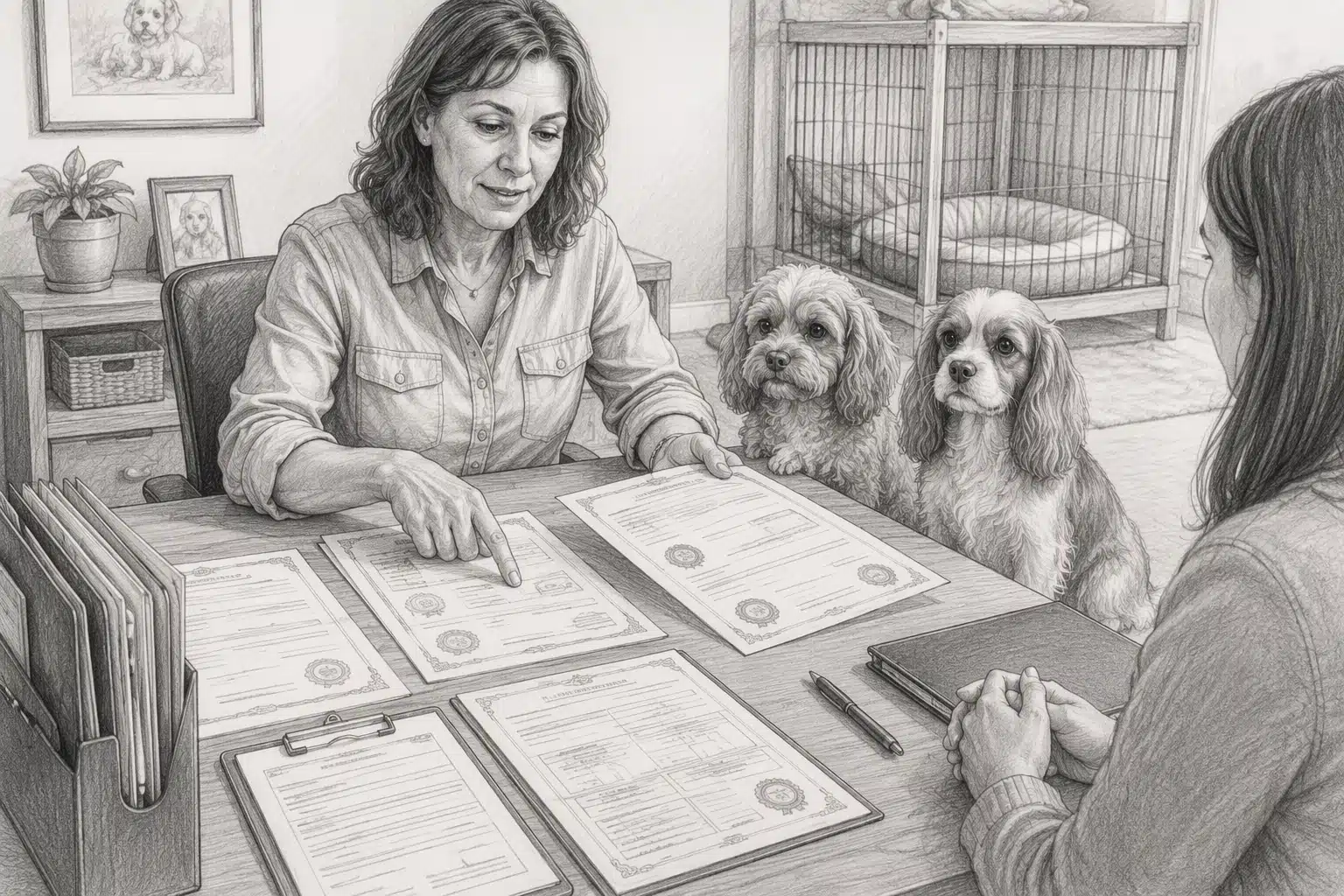 Breeder reviewing health certificates with two puppies indoors