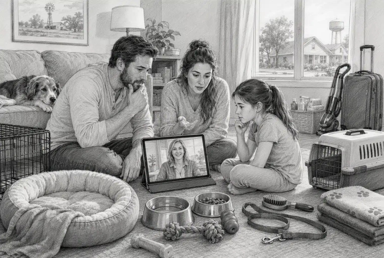 Family video call with breeder and puppy supplies