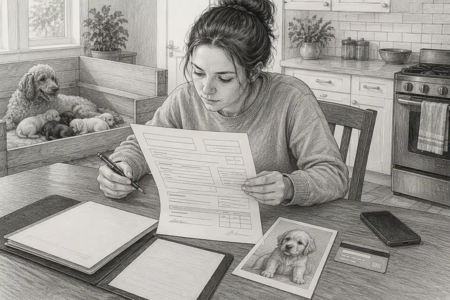 Buyer reviewing puppy reservation contract at kitchen table
