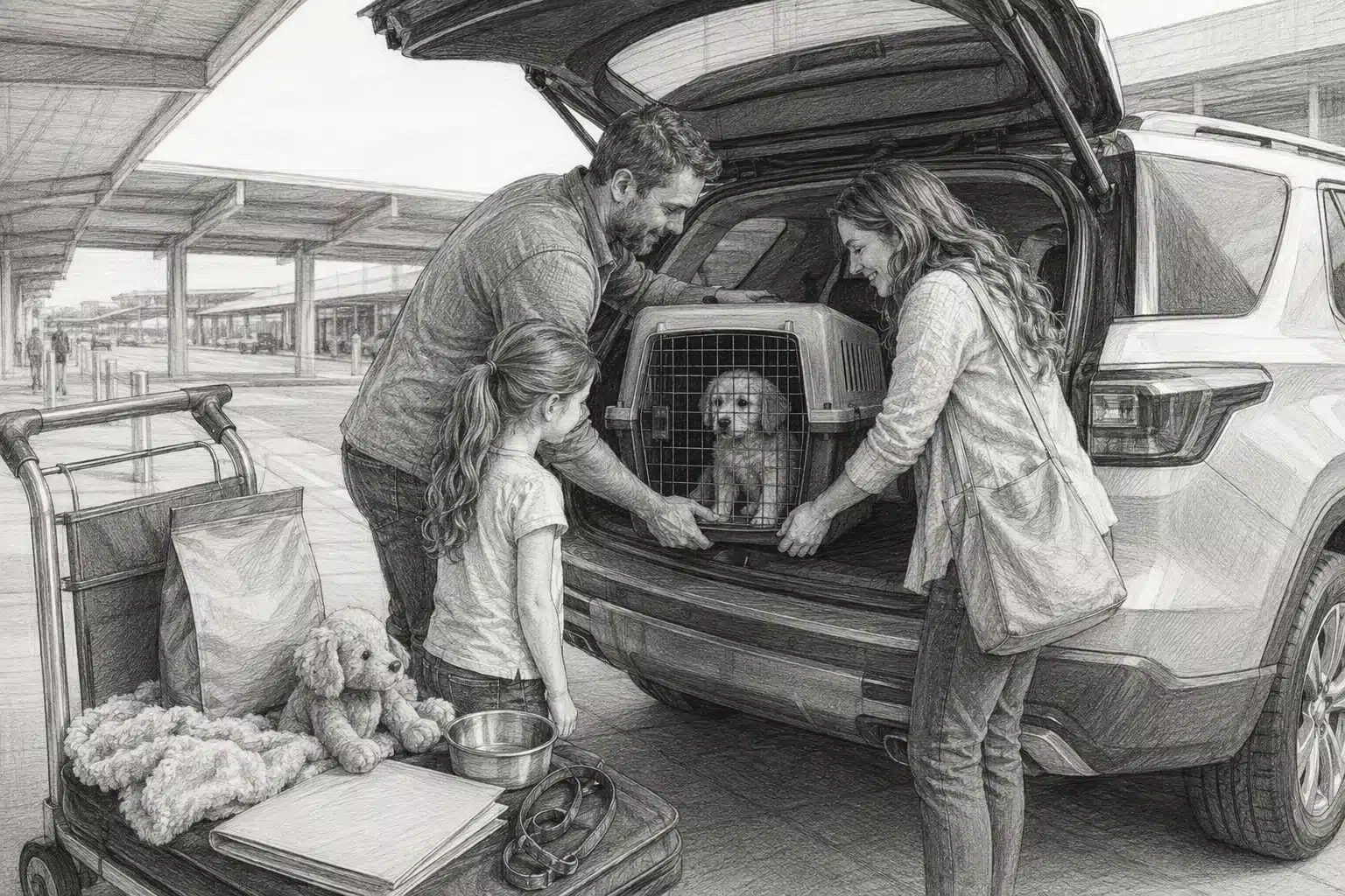 Family loading puppy crate into SUV outside airport pickup lane