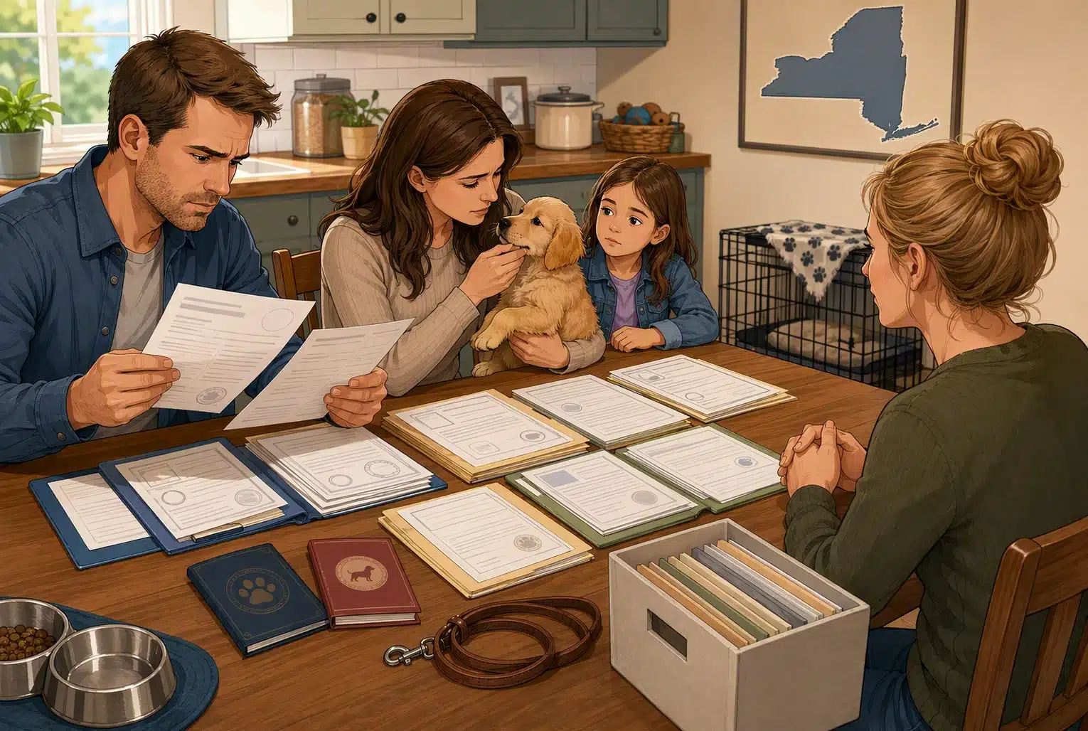Family reviewing puppy records at breeder's kitchen table
