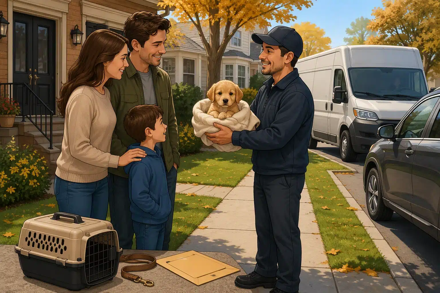 Family meeting outside suburban New York home with puppy courier
