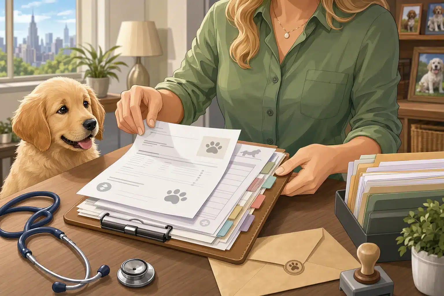 Breeder reviewing puppy health records on clipboard