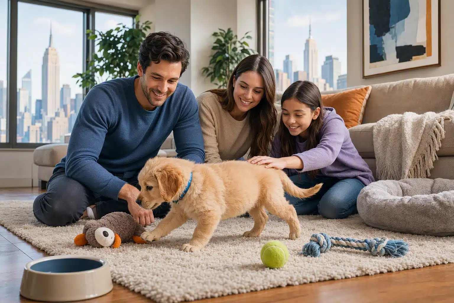 Family with confident puppy exploring toys