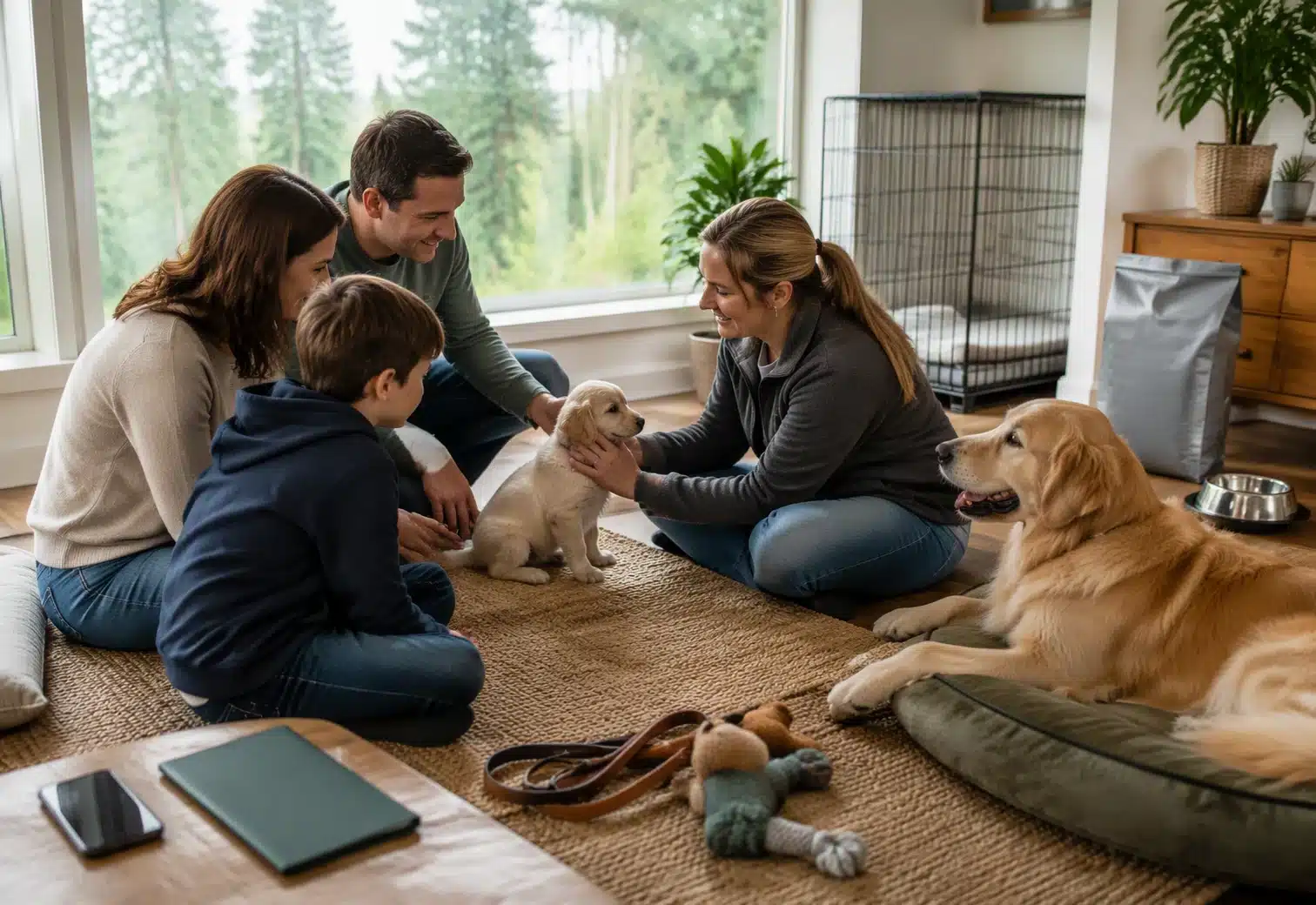 Family meeting a well-groomed puppy in bright home breeder setting