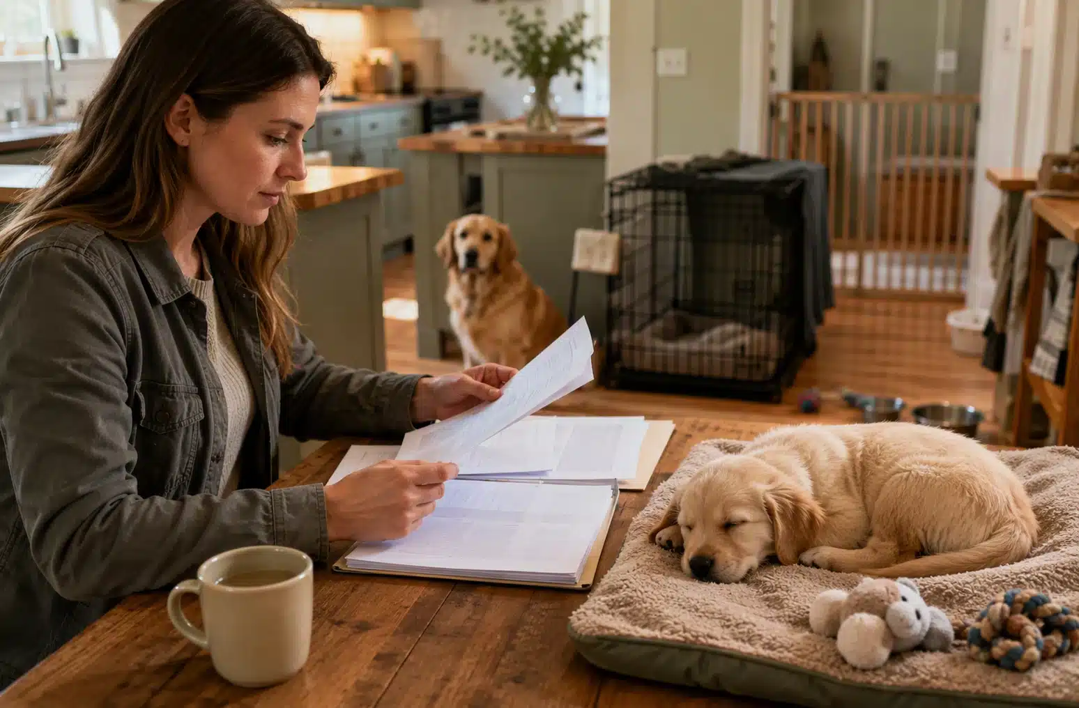 Buyer inspecting puppy and health papers at kitchen table