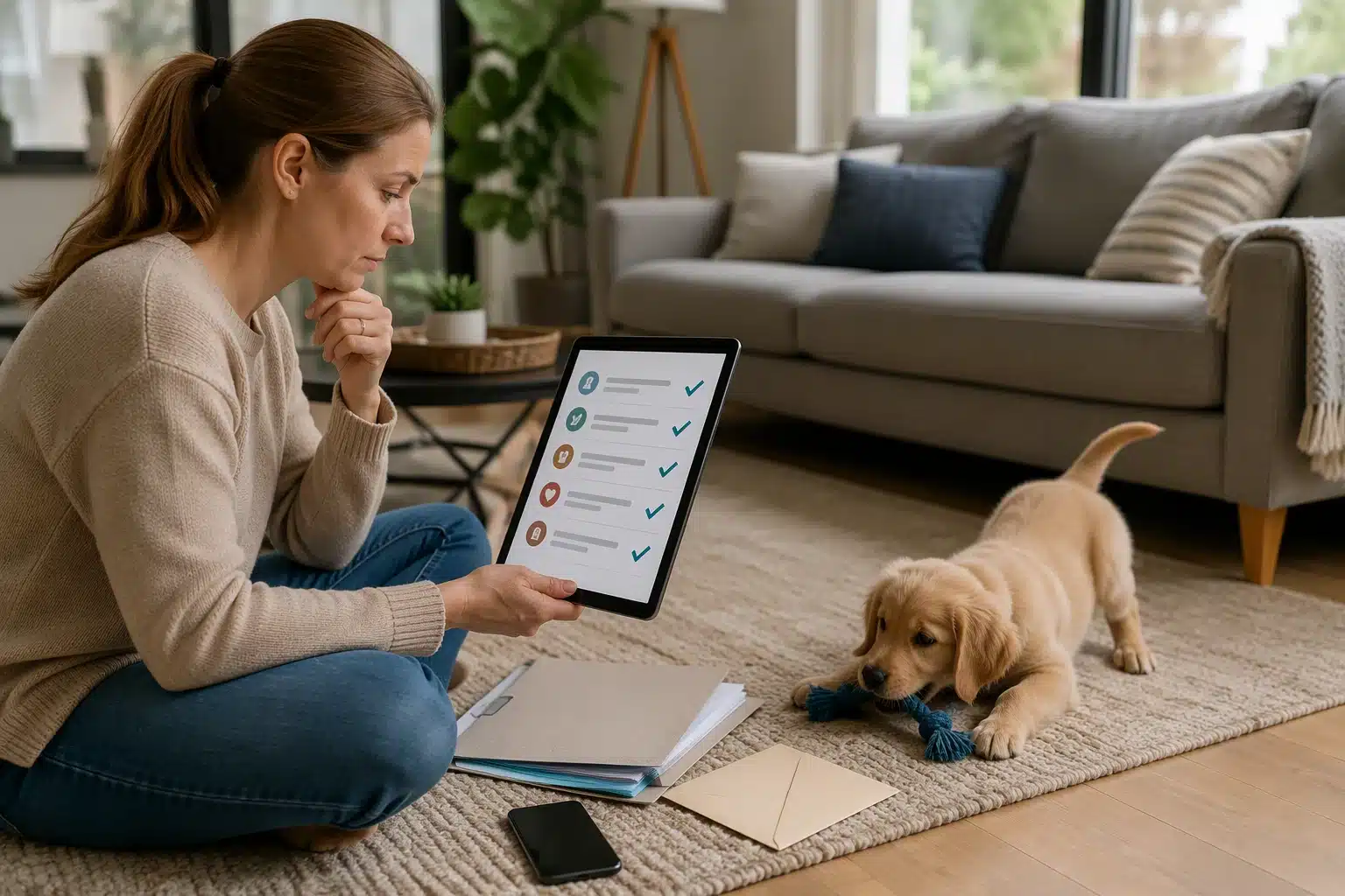 Parent reviewing breeder checklist on tablet with playful puppy nearby