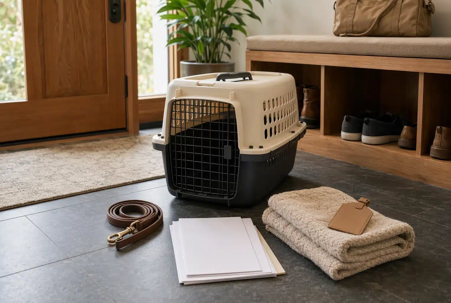Puppy carrier with paperwork and blanket in entryway