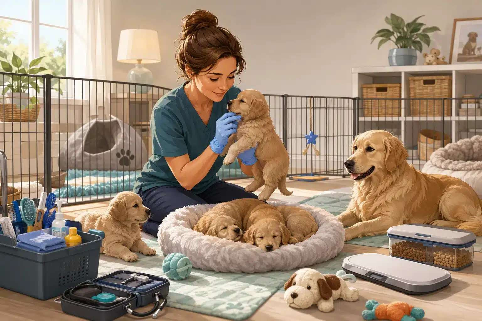 Breeder gently handling puppies in clean nursery